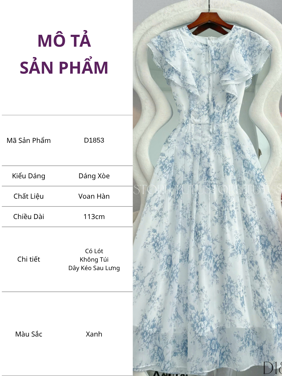 Đầm Thiết Kế Vai Bèo Cánh Tiên Hoa Xanh Đầm Đi Tiệc TuTu Store Mã D1853
