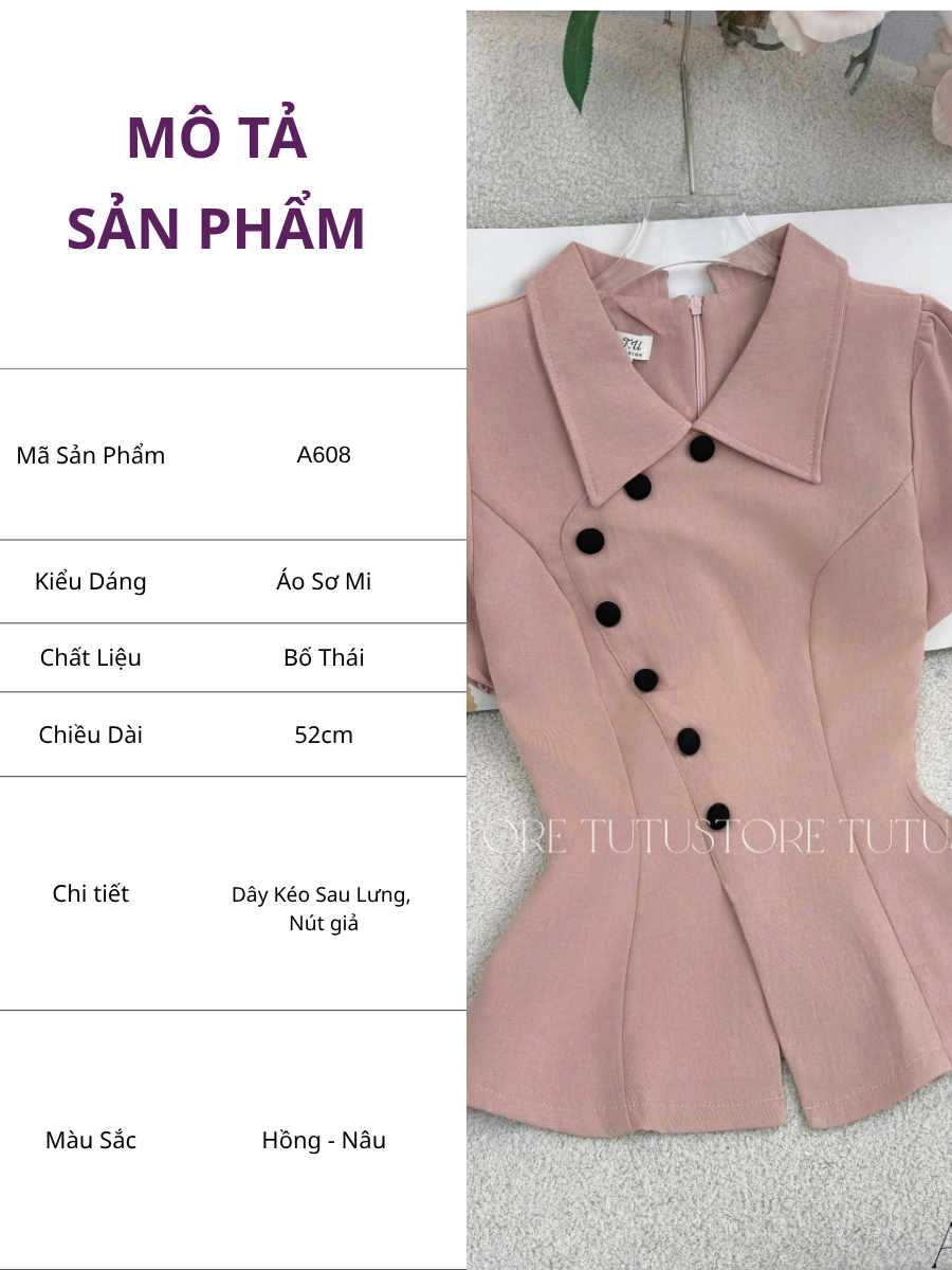 Áo Thiết Kế Cổ Tròn Đính Nút Kiểu Dáng Peplum TuTu Store Mã A608