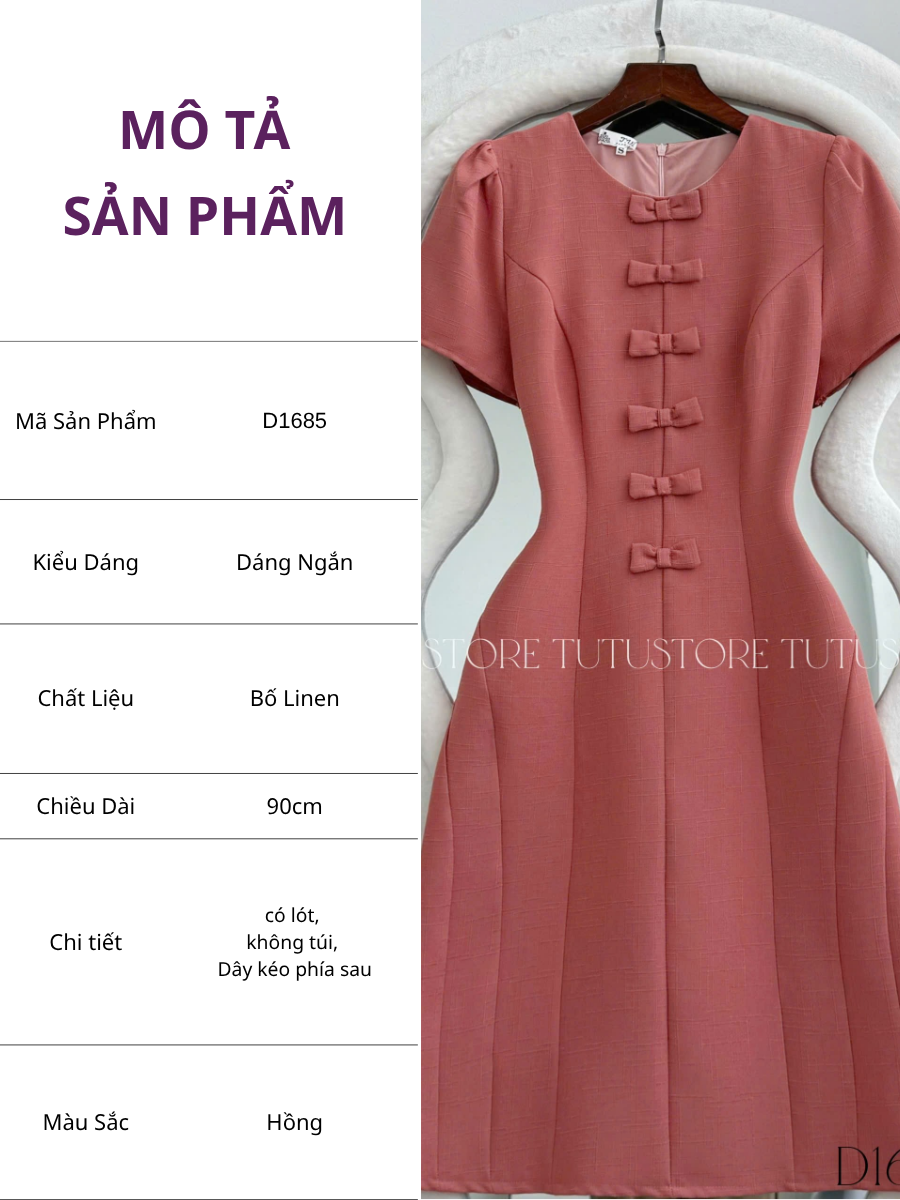 Đầm Thiết Kế Cổ Tròn Tay Bồng Đính Nơ Dáng Ngắn TuTu Store Mã D1685