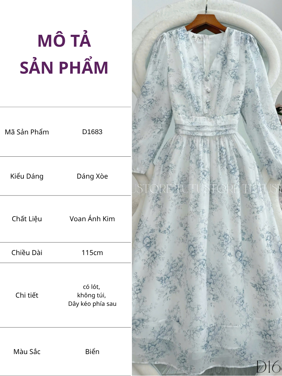 Đầm Voan Thiết Kế Cổ V Tay Dài Đi Chơi TuTu Store Mã D1683