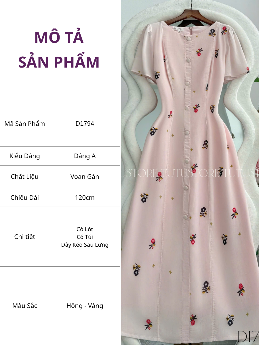 Đầm Thiết Kế Nút Kiểu Dáng Dài Thanh Lịch Đi Chơi TuTu Store Mã D1794