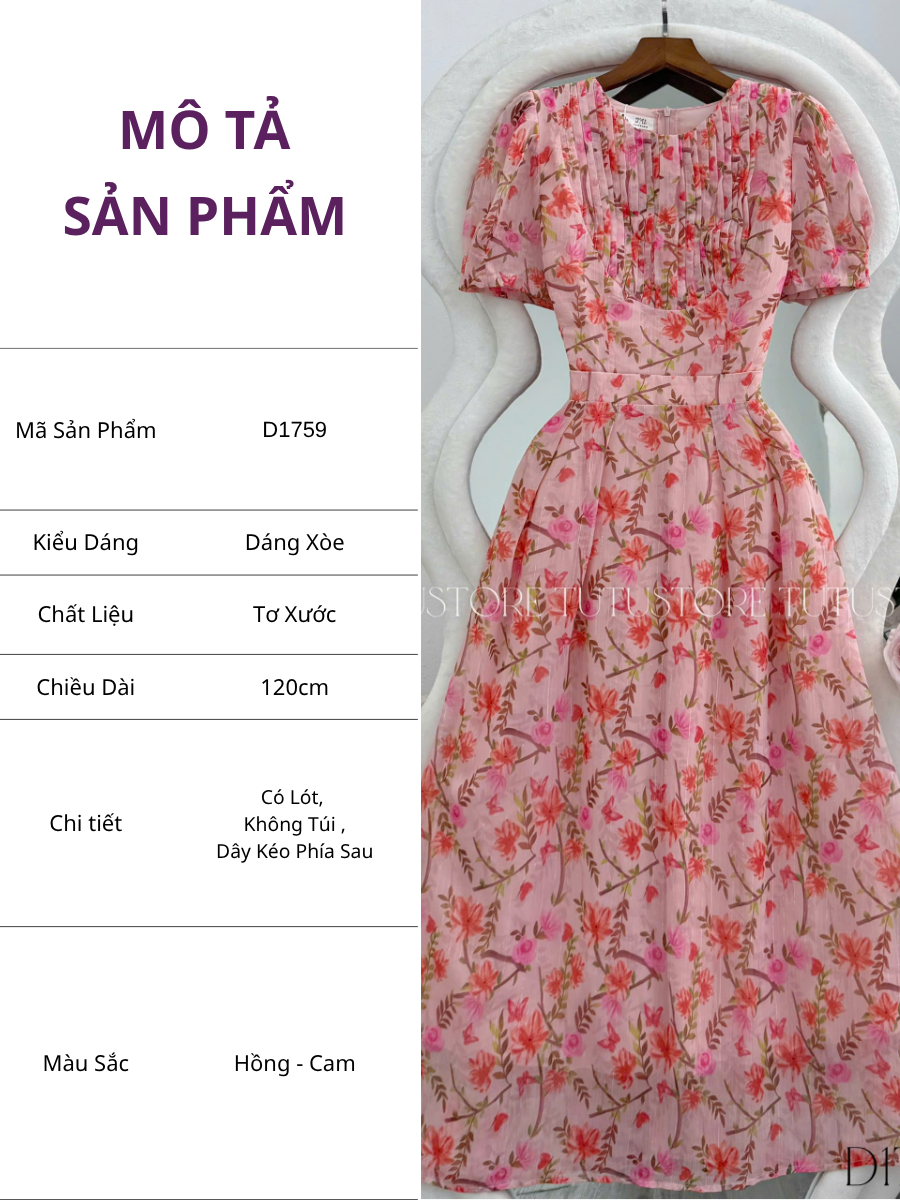 Đầm Hoa Thiết Kế Xếp Ly Trước Ngực Dáng Xòe Đi Chơi TuTu Store Mã D1759
