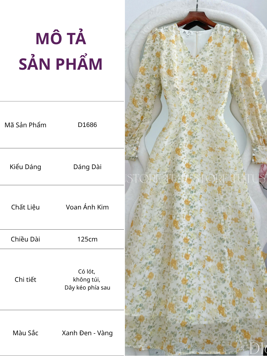 Đầm Voan Thiết Kế Cổ V Tay Dài Dáng Xòe TuTu Store Mã D1686