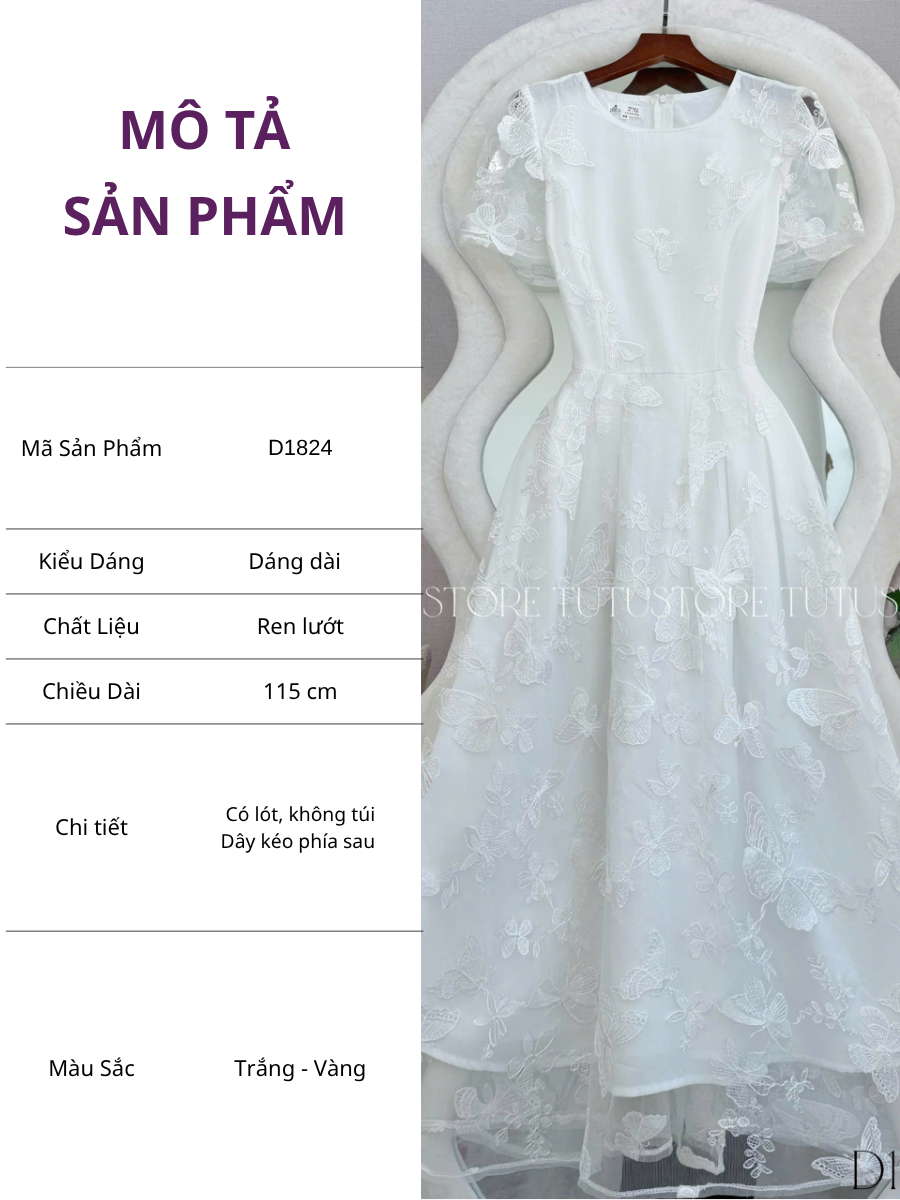 Đầm Thiết Kế Ren Thêu Cổ Tròn Dáng Xòe Đi Chơi TuTu Store Mã D1824