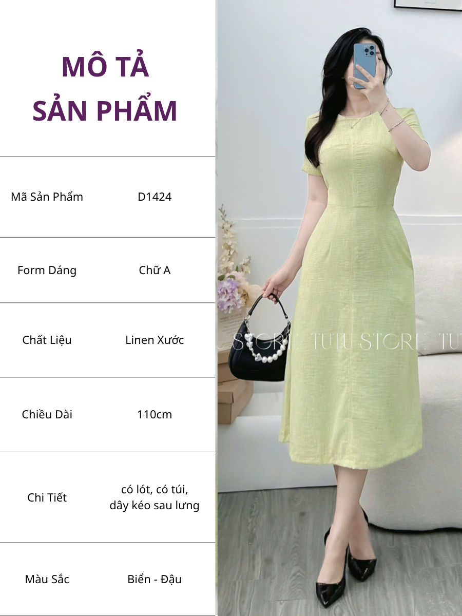 Đầm Linen Xước Thiết Kế TuTu Store Phù Hợp Đi Làm Dành Cho Nữ - Mã D1424