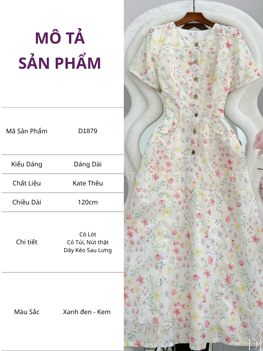 Đầm Thiết Kế Cổ Tròn Dáng Xòe Đính Nút  Hoa Nhí Đầm Đi Tiệc TuTu Store Mã D1879