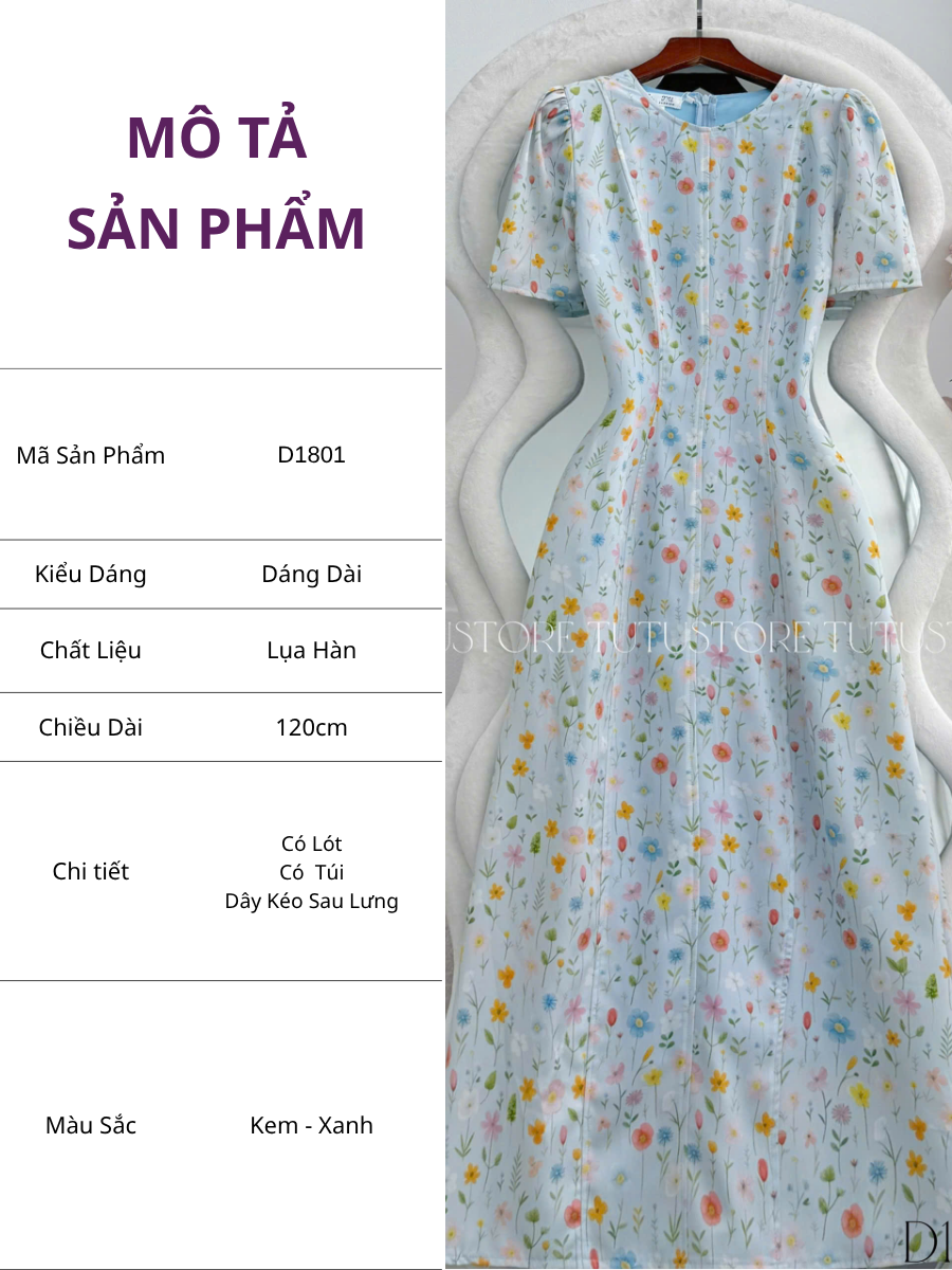 Đầm Hoa Thiết Kế Cổ Tròn Dáng Chữ A Dài Đi Chơi TuTu Store Mã D1801