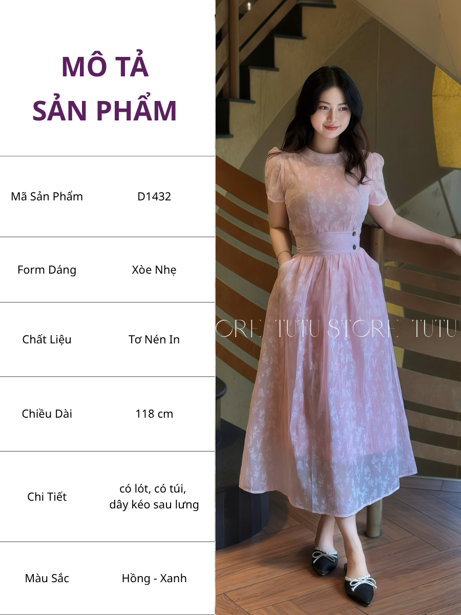 Đầm Tơ Nén In Thiết Kế TuTu Store Phù Hợp Đi Làm Dành Cho Nữ - Mã D1432