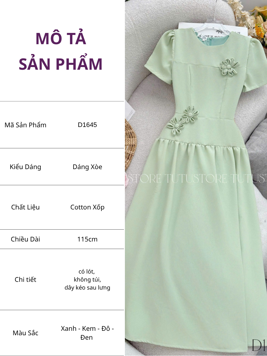 Đầm Thiết Kế Cổ Tròn Đính Hoa Dáng Xòe Đi Chơi TuTu Store Mã D1645
