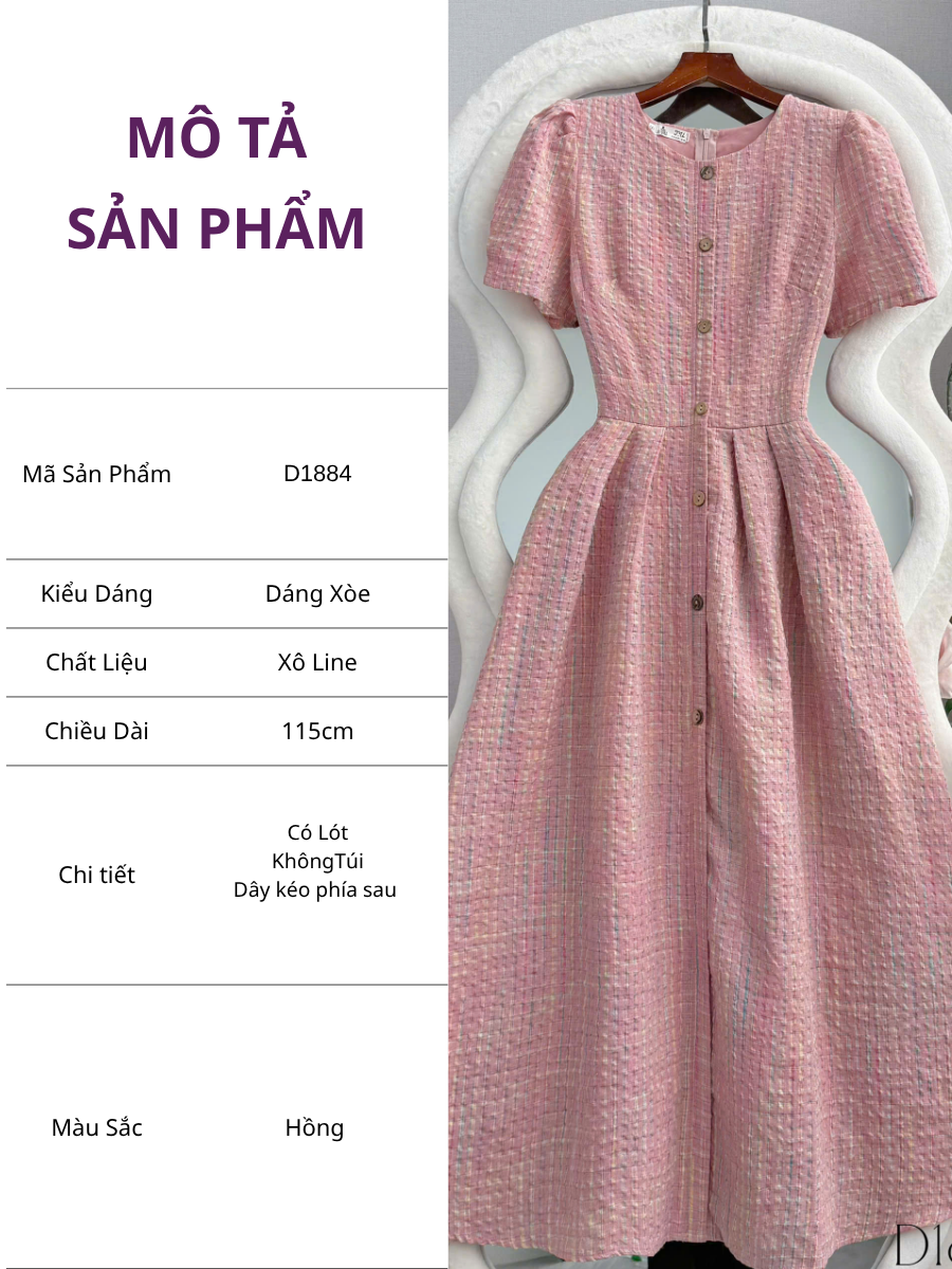 Đầm Thiết Kế Cổ Tròn Dáng Xòe Đính Nút Kiểu Đầm Đi Tiệc TuTu Store Mã D1884