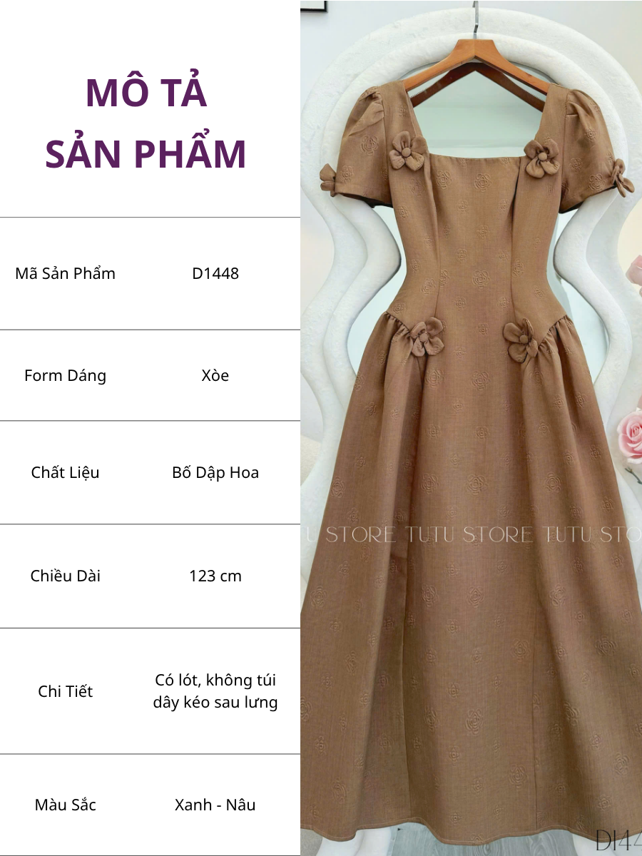 Đầm Bố Dập Hoa Thiết Kế TuTu Store Phù Hợp Công Sở Dành Cho Nữ - Mã D1448