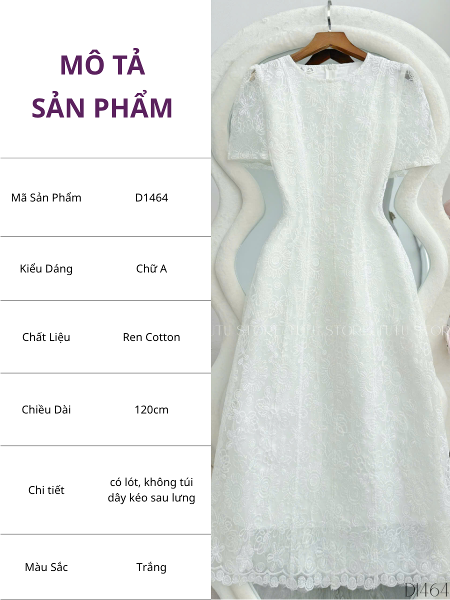 Đầm Ren Cotton Thiết Kế TuTu Store Phù Hợp Đi Làm Dành Cho Nữ - Mã D1464