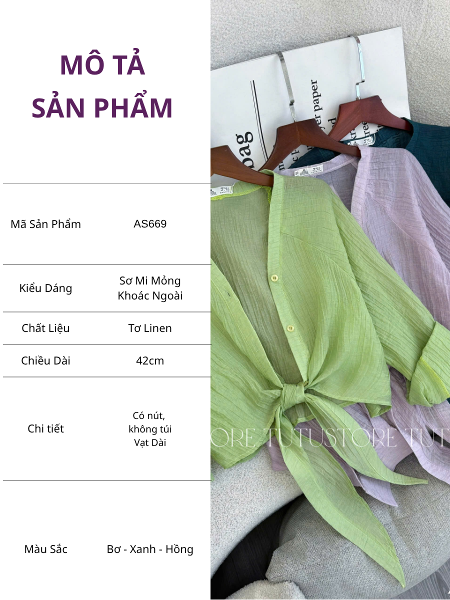 Áo Thiết Kế Kiểu Sơ Mi Mỏng Khoác Ngoài Có Vạt Dài Buộc Eo TuTu Store Mã AS669