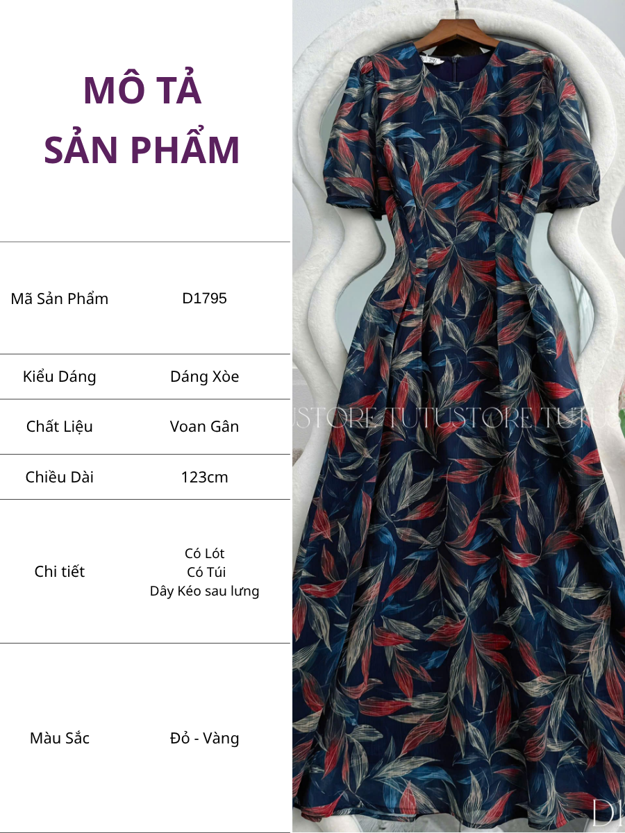 Đầm Thiết Kế Cổ Tròn Họa Tiết Lá Đa Sắc Dáng Xòe Đi Chơi TuTu Store Mã D1795