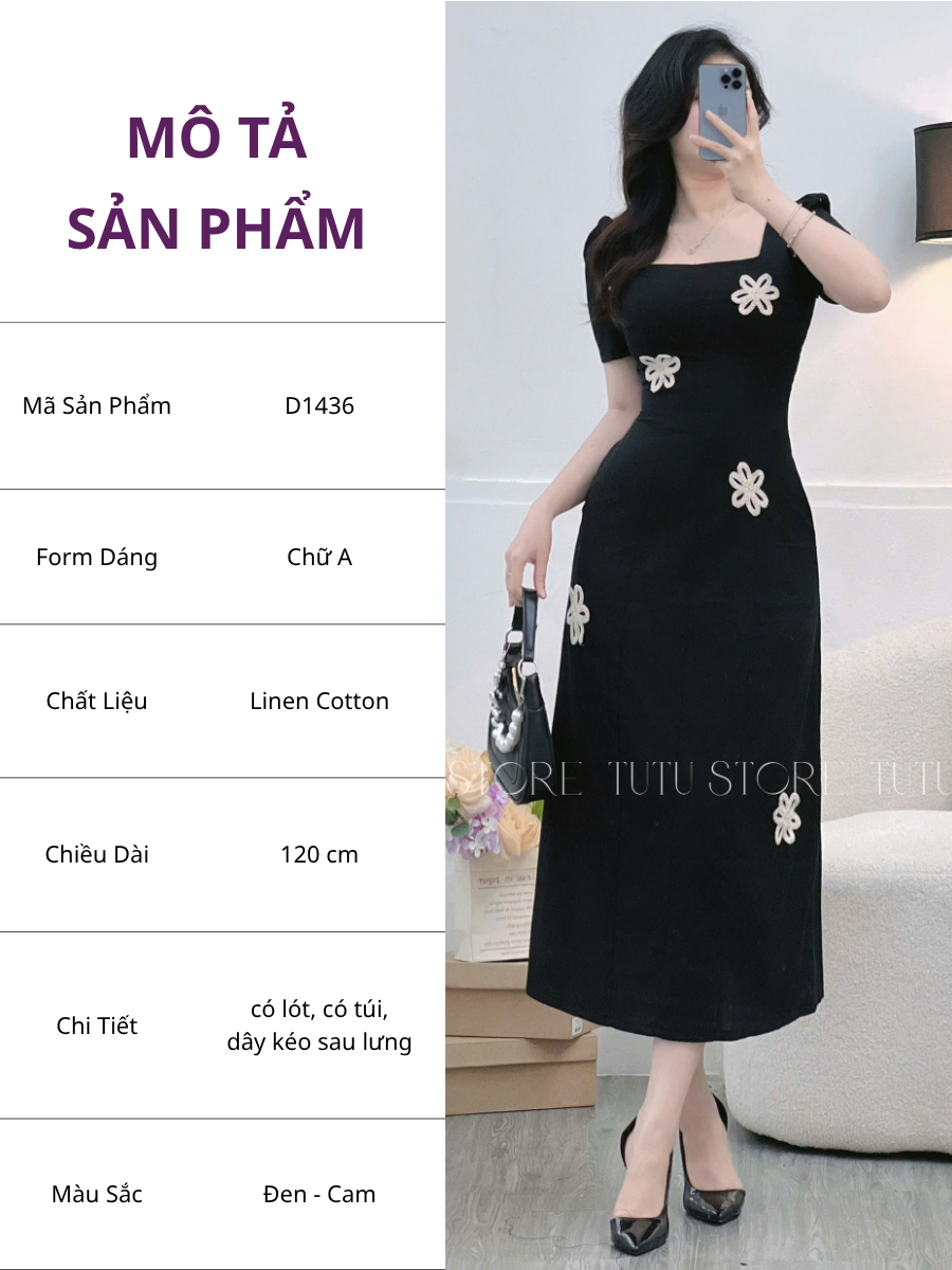 Đầm Thiết Kế Cổ Vuông Linen Cotton thiết Kế TuTu Store Dành Cho Nữ Mã D1436