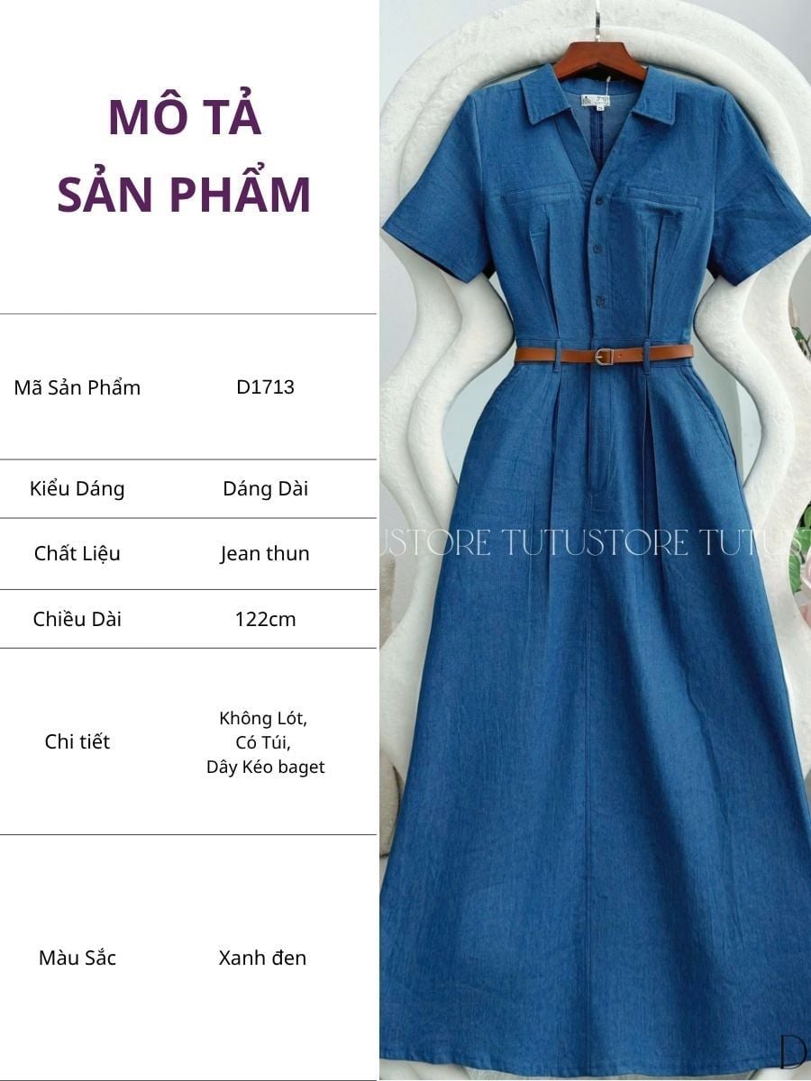 Đầm Jean Thiết Kế Cổ Sơ Mi Dáng Dài Đi Chơi TuTu Store Mã D1713