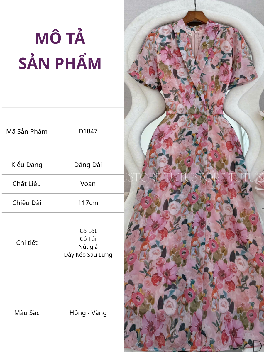 Đầm Hoa Thiết Kế Cổ V Dáng Dài Đầm Đi Tiệc TuTu Store Mã D1847