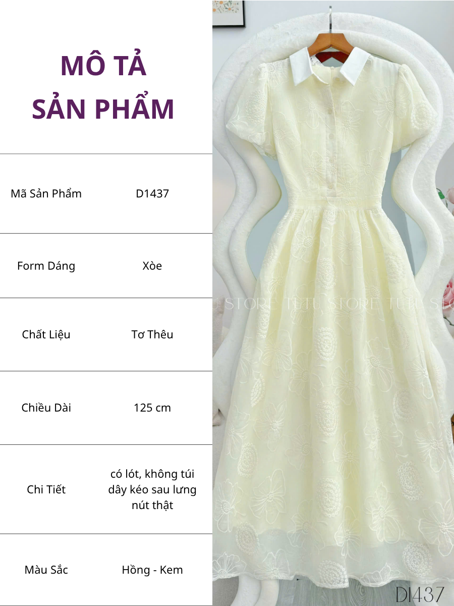 Đầm Tơ Thêu Cổ Sơ Mi Thiết Kế TuTu Store Phù Hợp Đi Chơi Dành Cho Nữ - Mã D1437