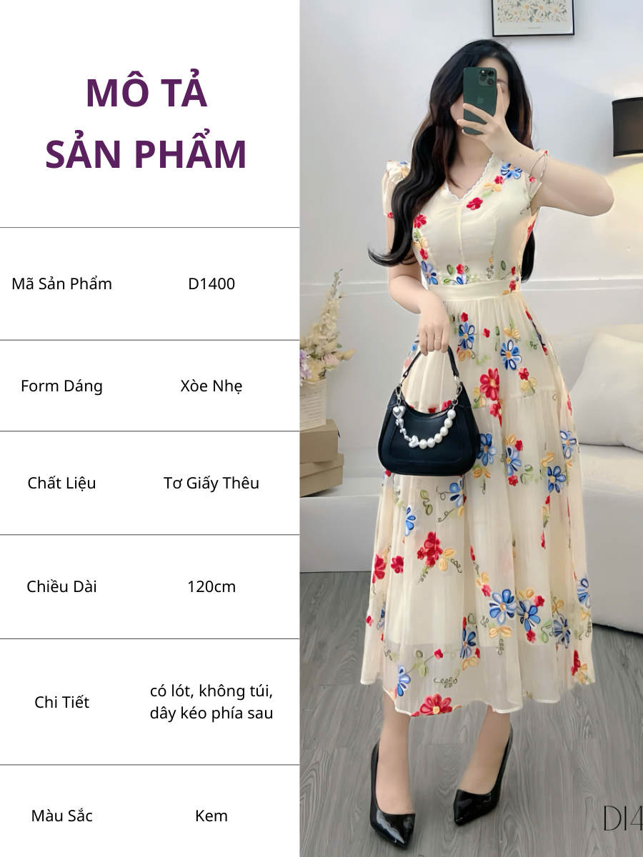 Đầm Tơ Giấy Thêu Thiết Kế TuTu Store Phù Hợp Đi Tiệc - Mã D1400