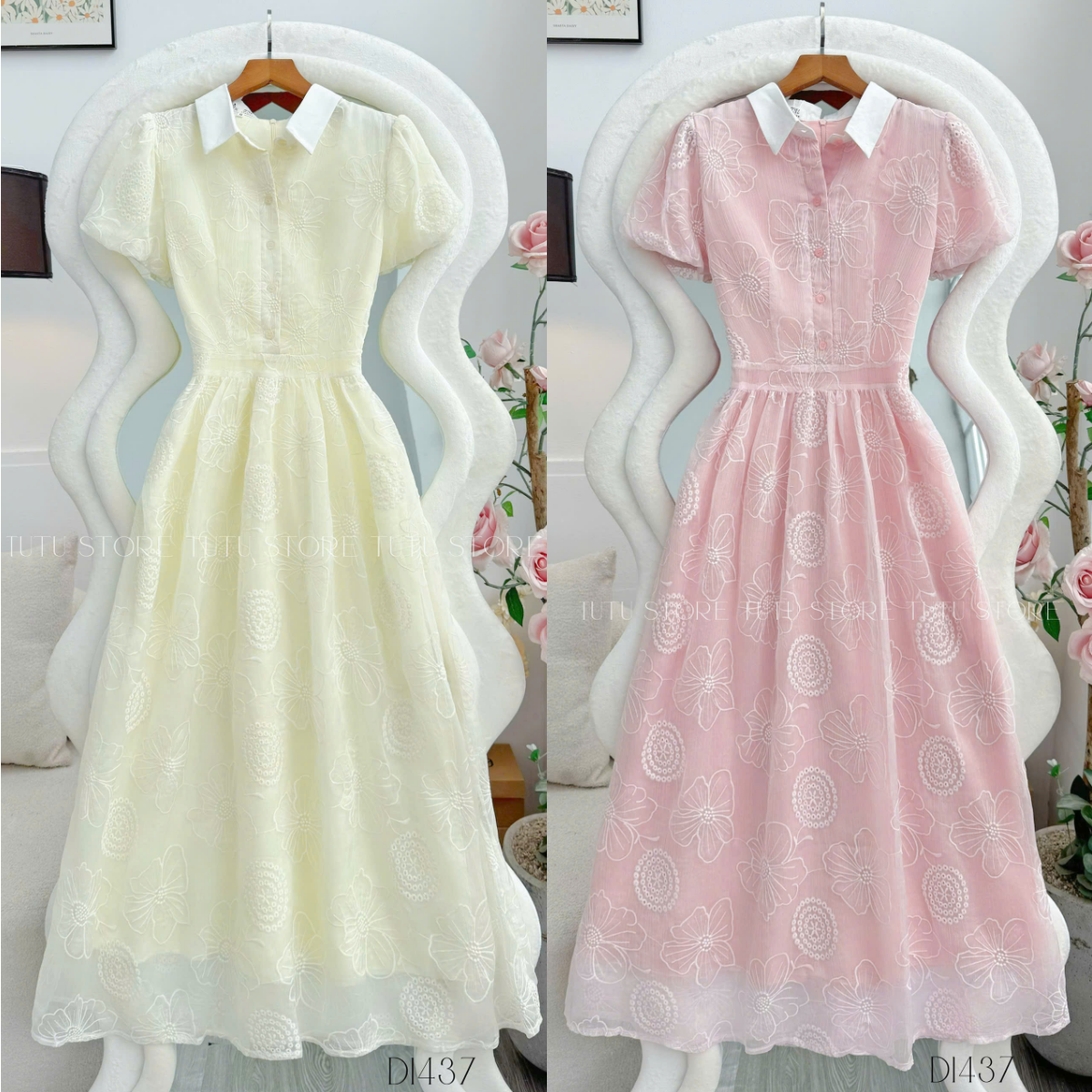 Đầm Tơ Thêu Cổ Sơ Mi Thiết Kế TuTu Store Phù Hợp Đi Chơi Dành Cho Nữ - Mã D1437