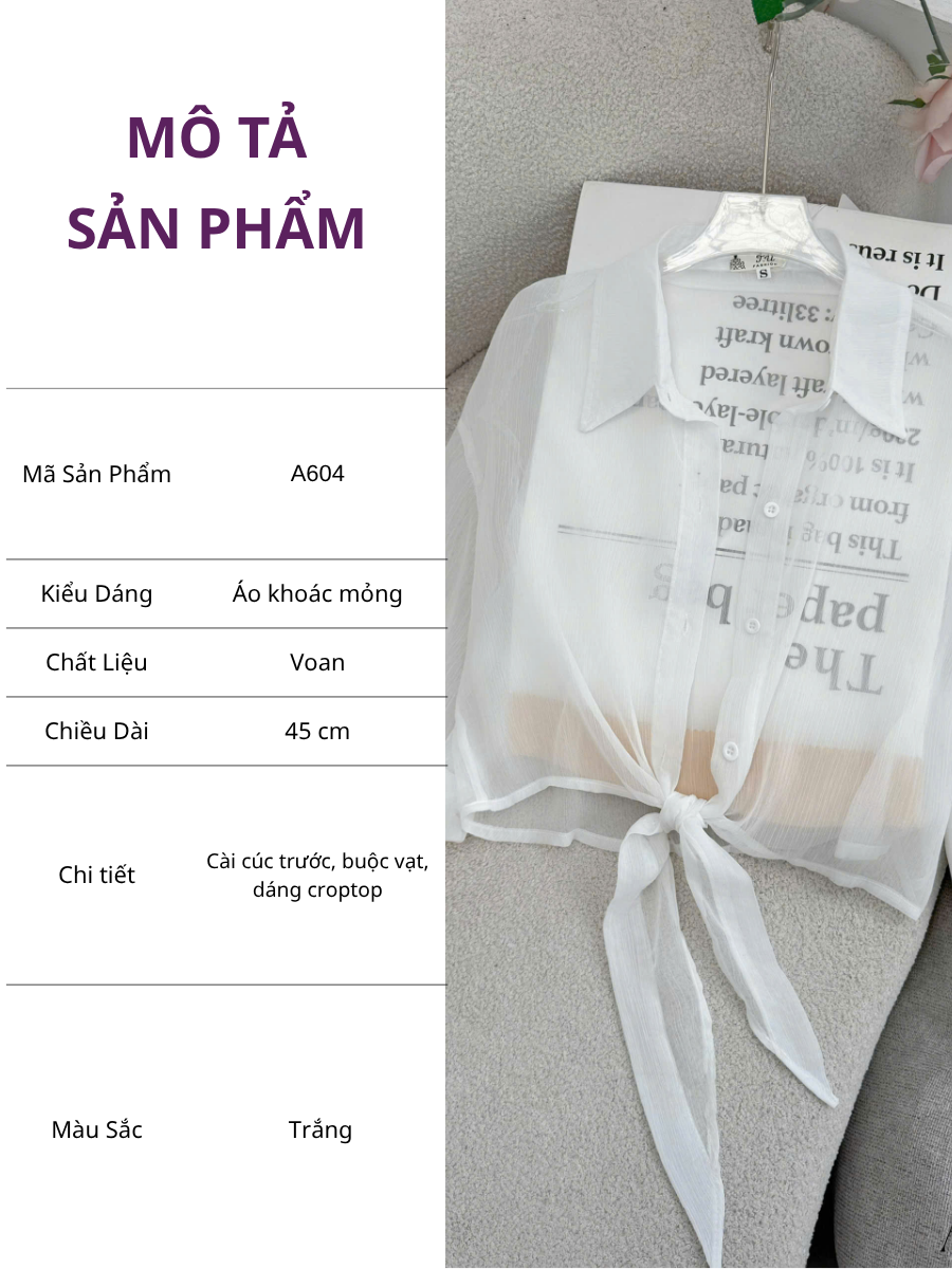 Áo Thiết Kế Kiểu Sơ Mi Mỏng Khoác Ngoài Đi Chơi TuTu Store Mã A604