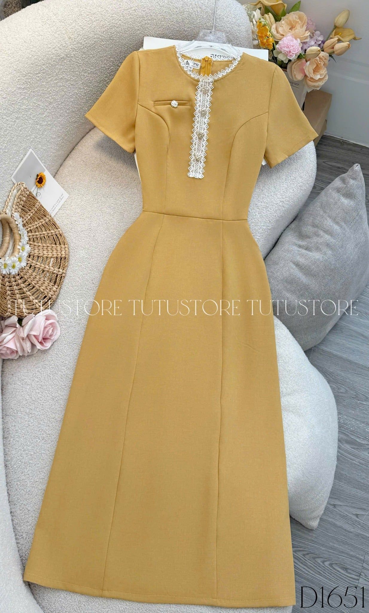 Đầm Thiết Kế Cổ Tròn Viền Ren Tiểu Thư Đi Tiệc TuTu Store Mã D1651