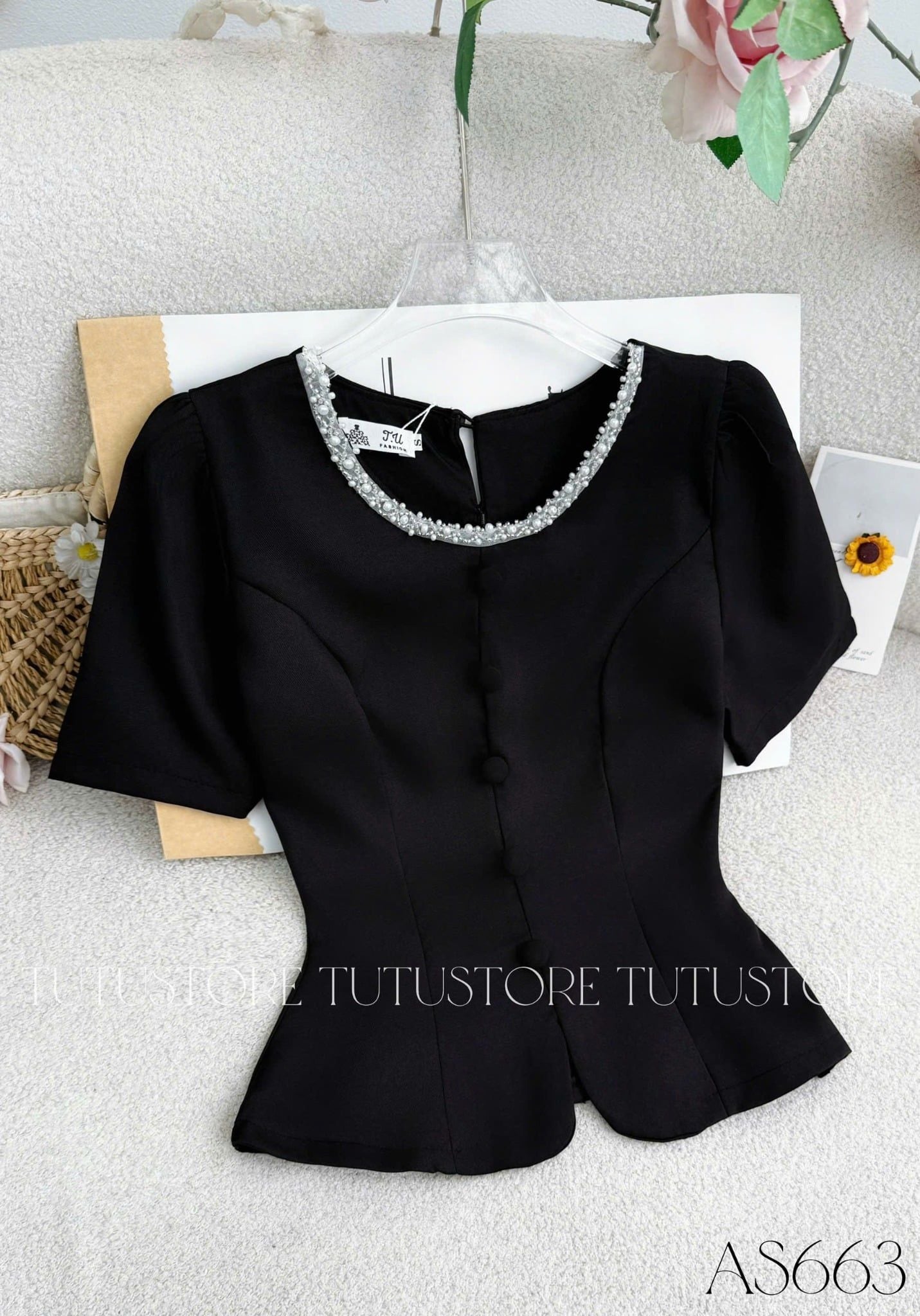 Áo Kiểu Thiết Kế Cổ Đính Hạt Dáng Peplum Công Sở TuTu Store Mã AS663