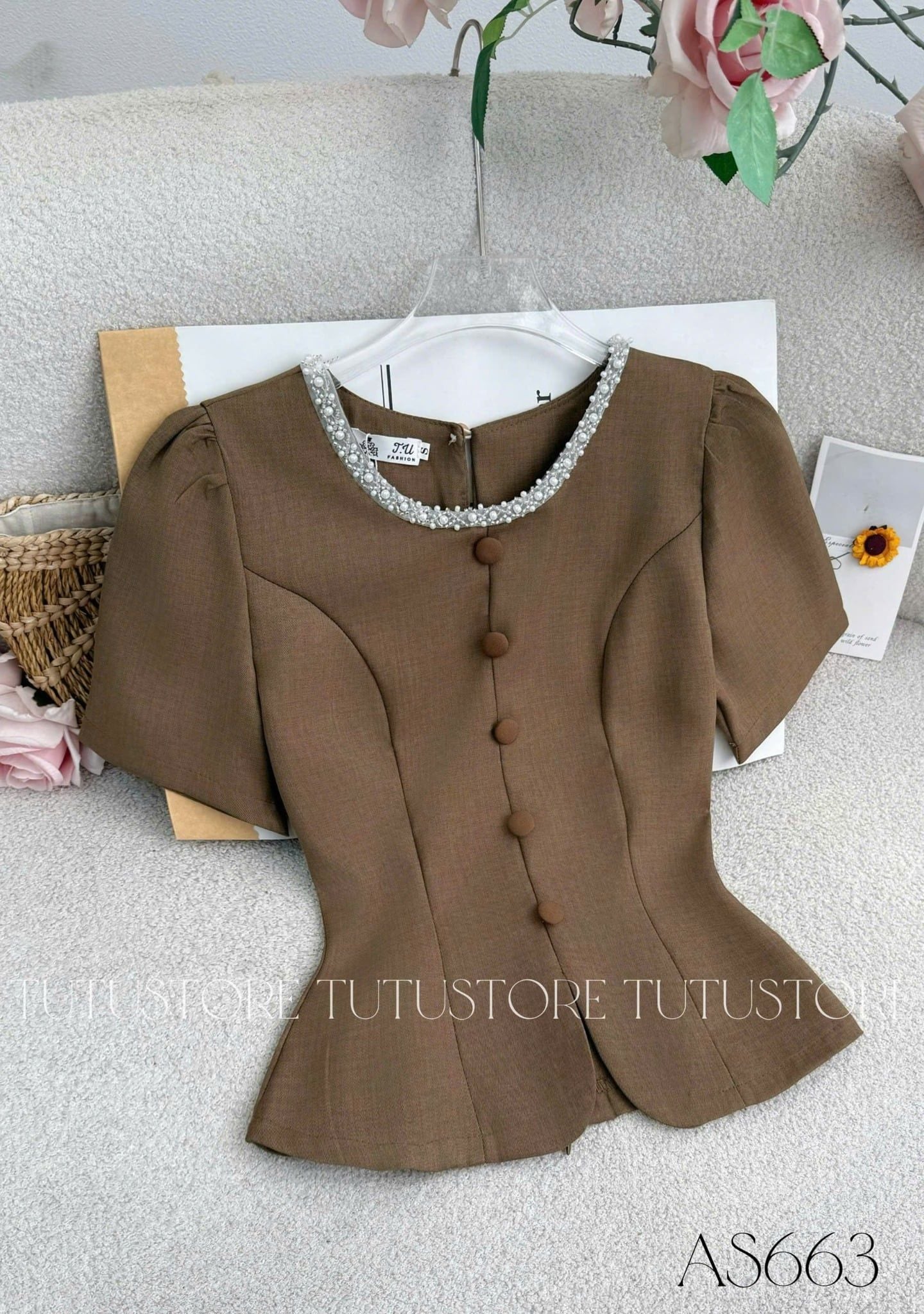 Áo Kiểu Thiết Kế Cổ Đính Hạt Dáng Peplum Công Sở TuTu Store Mã AS663