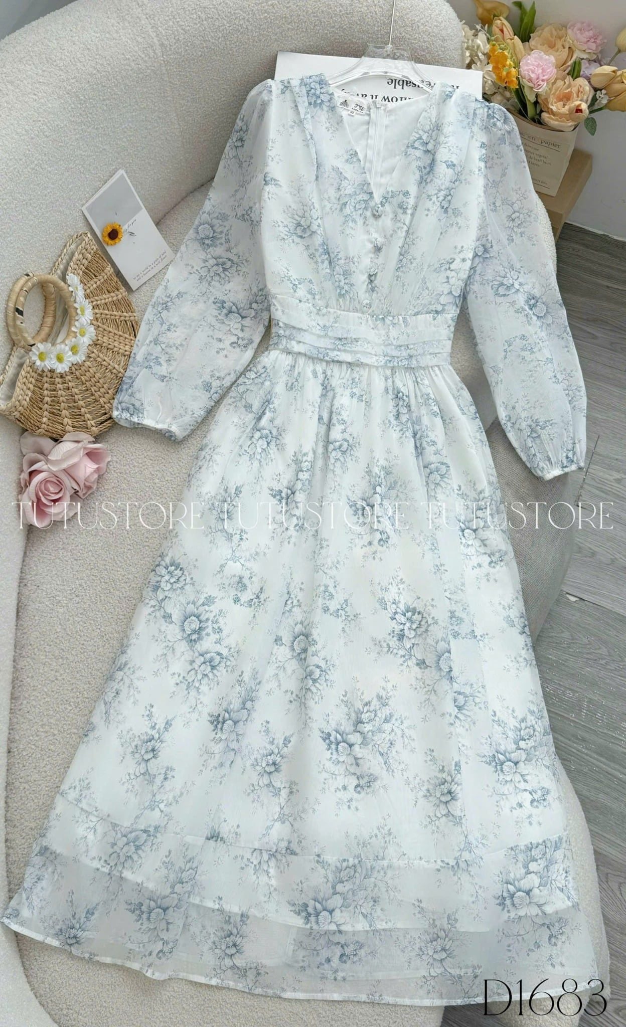 Đầm Voan Thiết Kế Cổ V Tay Dài Đi Chơi TuTu Store Mã D1683