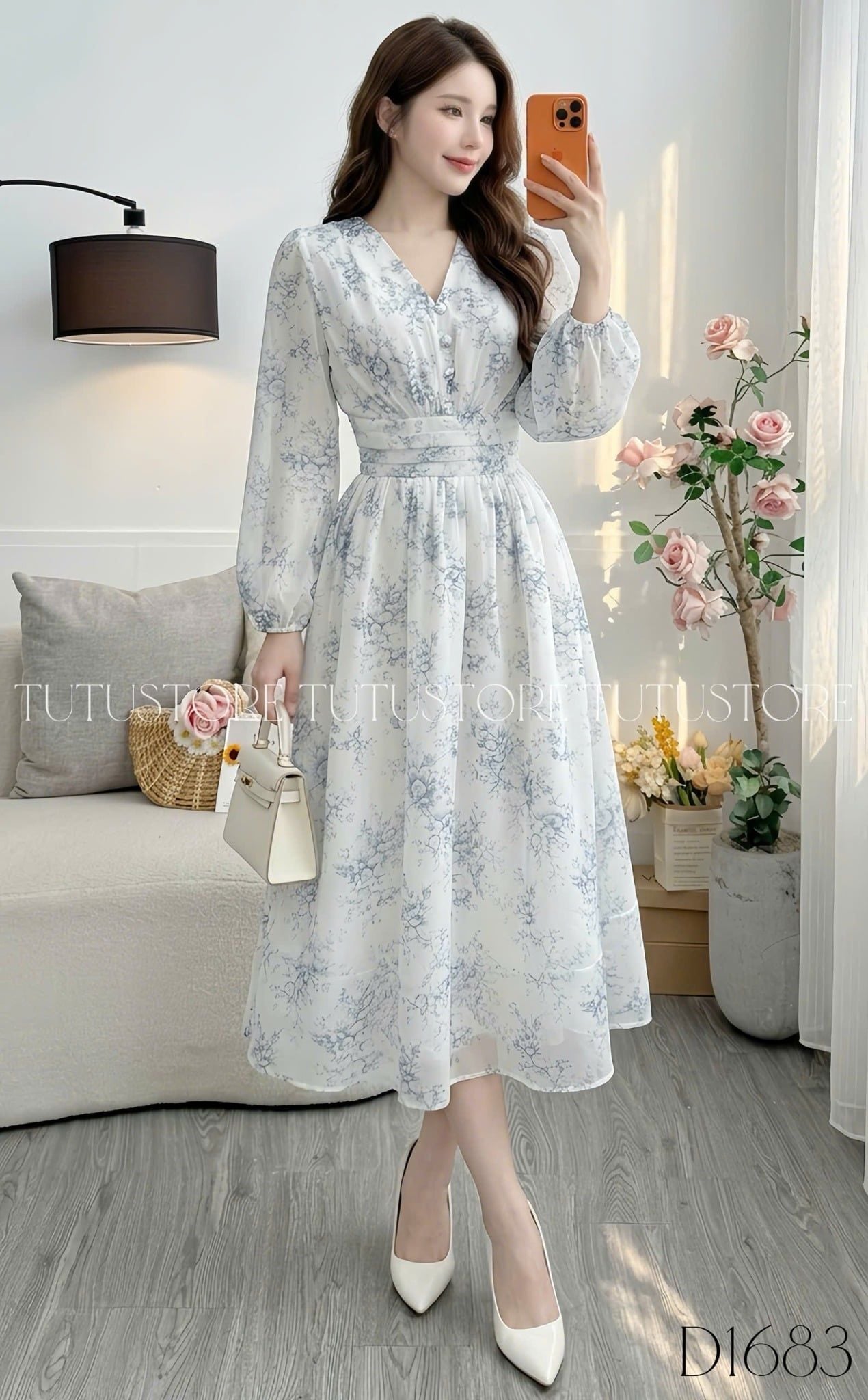 Đầm Voan Thiết Kế Cổ V Tay Dài Đi Chơi TuTu Store Mã D1683