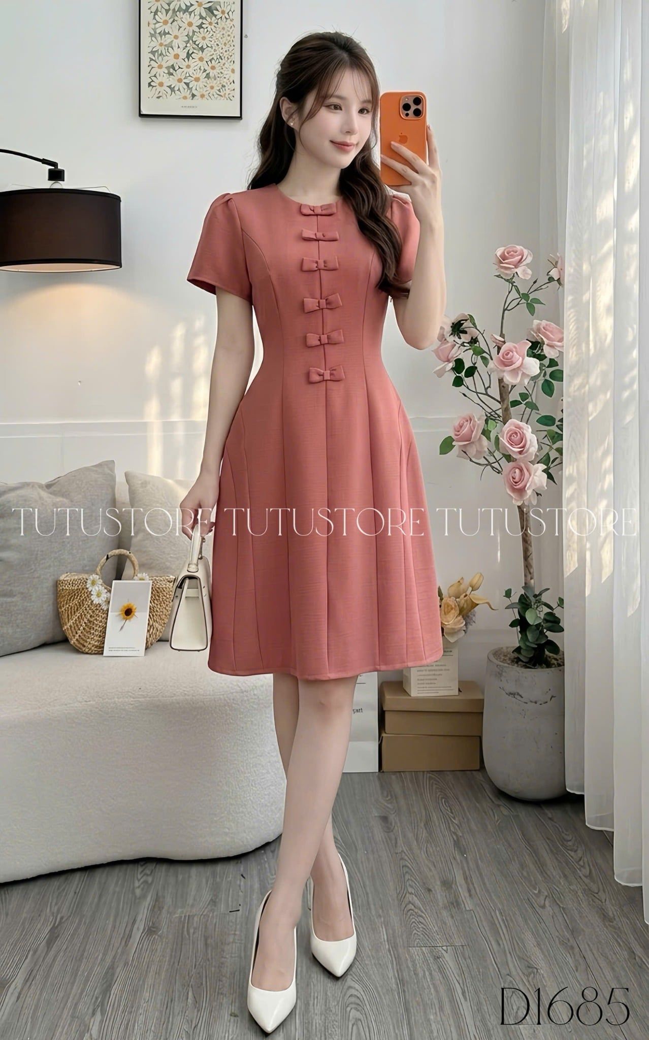 Đầm Thiết Kế Cổ Tròn Tay Bồng Đính Nơ Dáng Ngắn TuTu Store Mã D1685