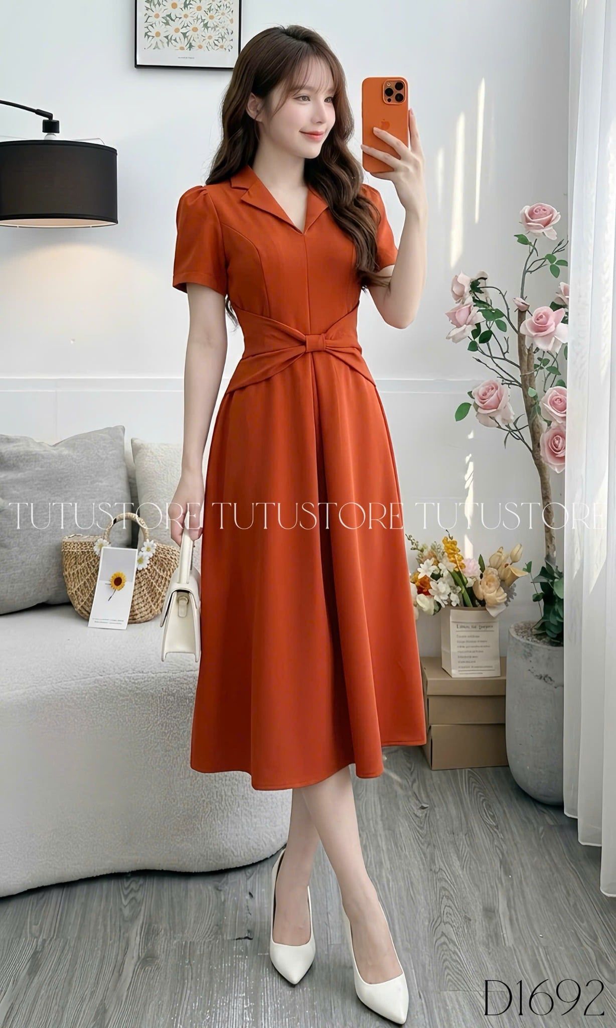 Đầm Thiết Kế Kiểu Cổ V Nhấn Nơ Eo Đơn Giản Thanh Lịch Công Sở TuTu Store Mã D1692