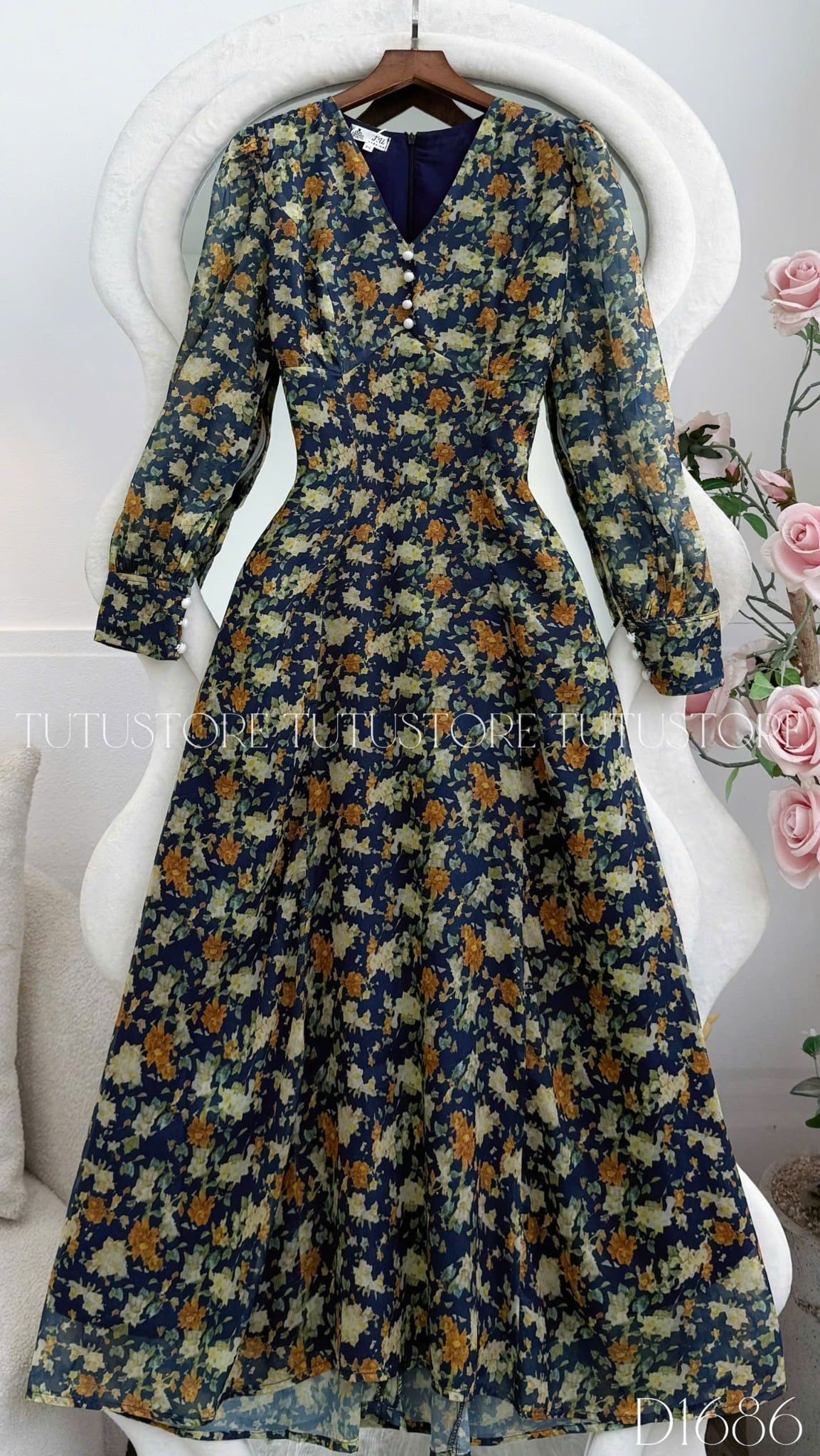 Đầm Voan Thiết Kế Cổ V Tay Dài Dáng Xòe TuTu Store Mã D1686