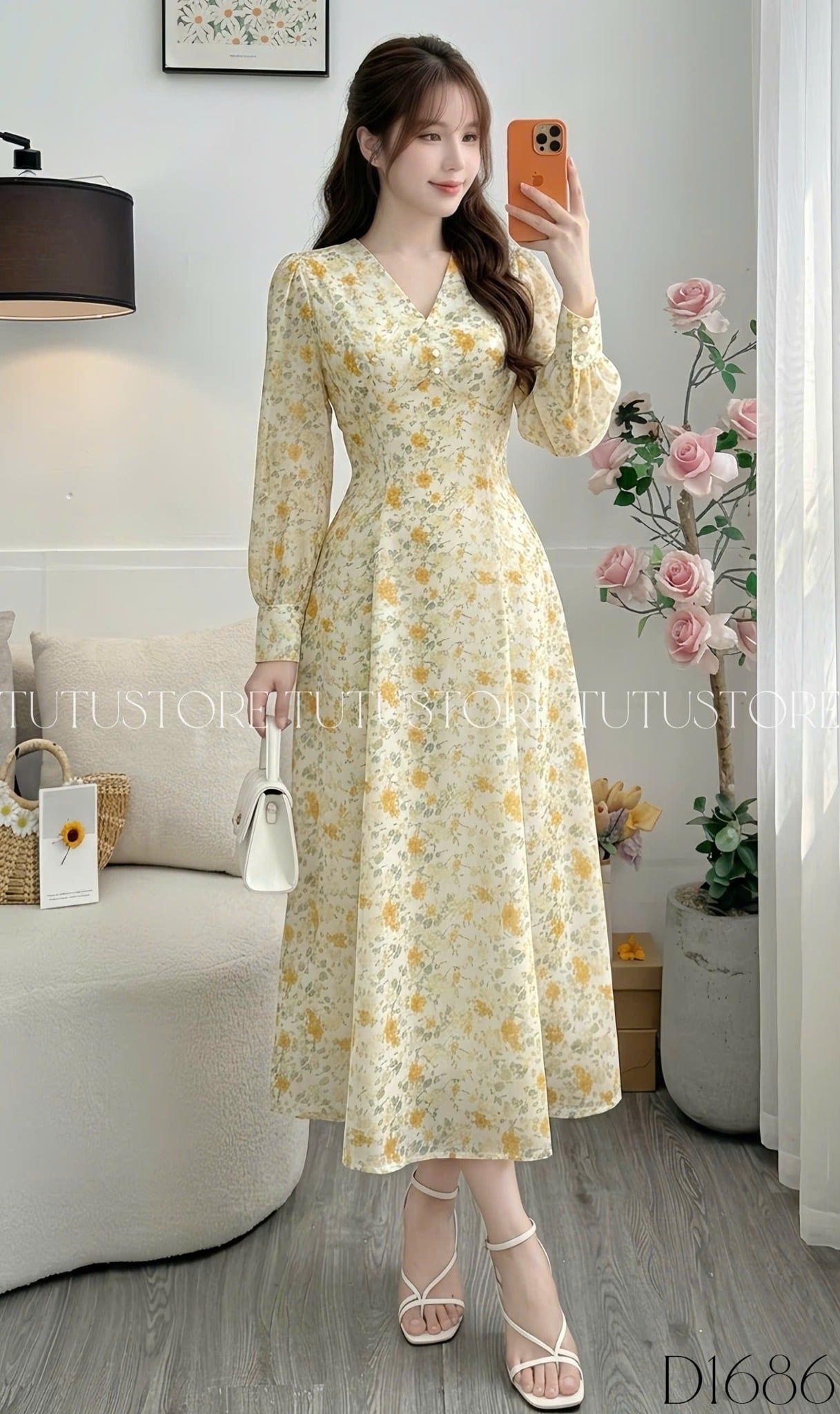 Đầm Voan Thiết Kế Cổ V Tay Dài Dáng Xòe TuTu Store Mã D1686