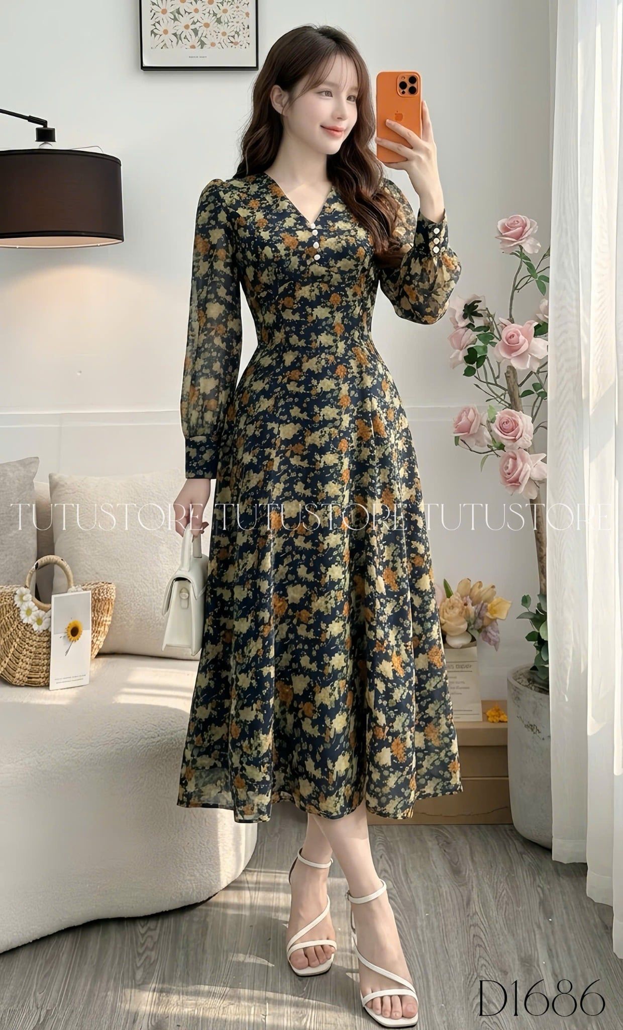 Đầm Voan Thiết Kế Cổ V Tay Dài Dáng Xòe TuTu Store Mã D1686