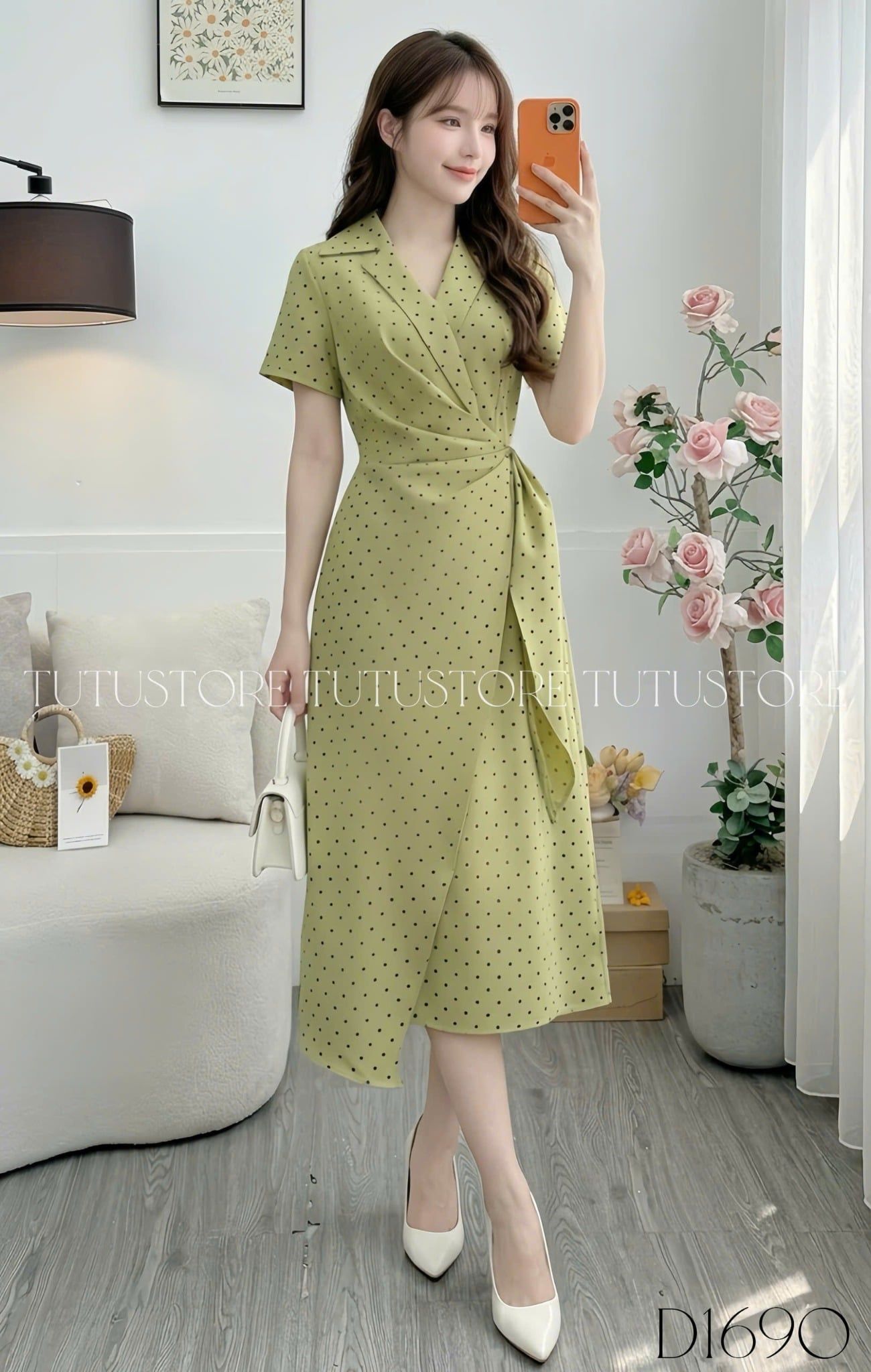 Đầm Thiết Kế Vạt Chéo Cổ V Chấm Bi Dáng Dài Đi Chơi TuTu Store Mã D1690