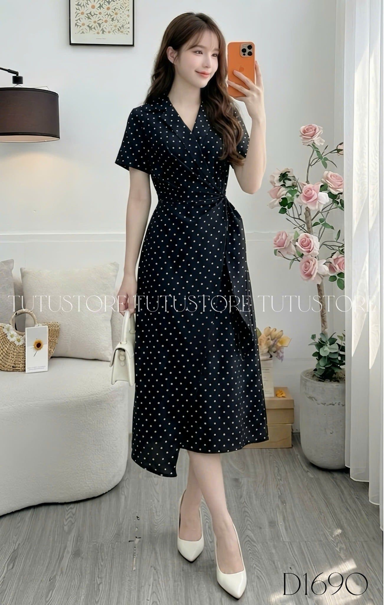 Đầm Thiết Kế Vạt Chéo Cổ V Chấm Bi Dáng Dài Đi Chơi TuTu Store Mã D1690