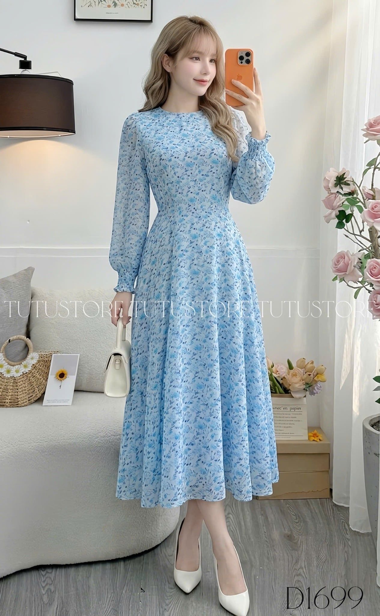 Đầm Thiết Kế Tay Dài Dáng Xòe Hoa Nhí Nhẹ Nhàng Đi Chơi TuTu Store Mã D1699