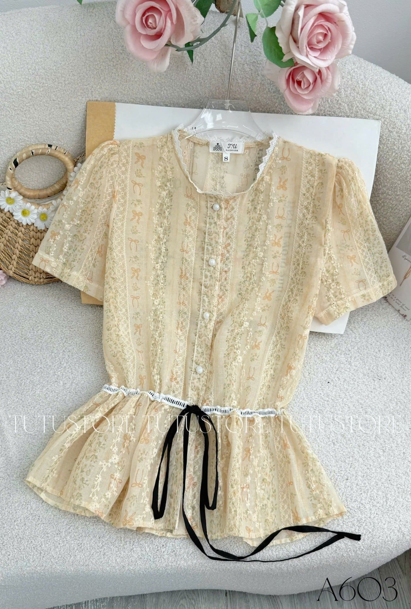 Áo Thiết Kế Kiểu Sơ Mi Có Dây Buộc Eo Xinh Xắn TuTu Store Mã A603