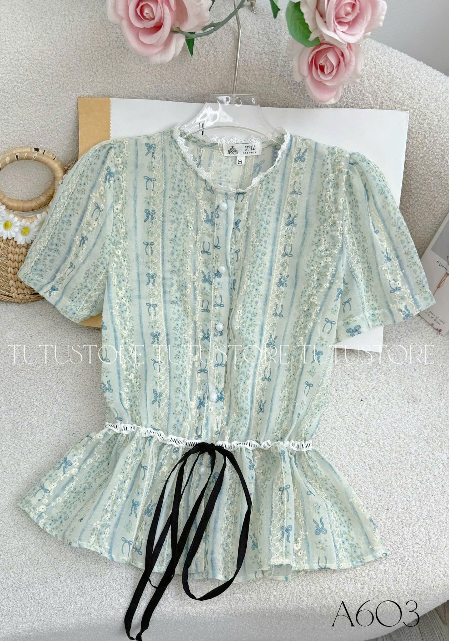 Áo Thiết Kế Kiểu Sơ Mi Có Dây Buộc Eo Xinh Xắn TuTu Store Mã A603