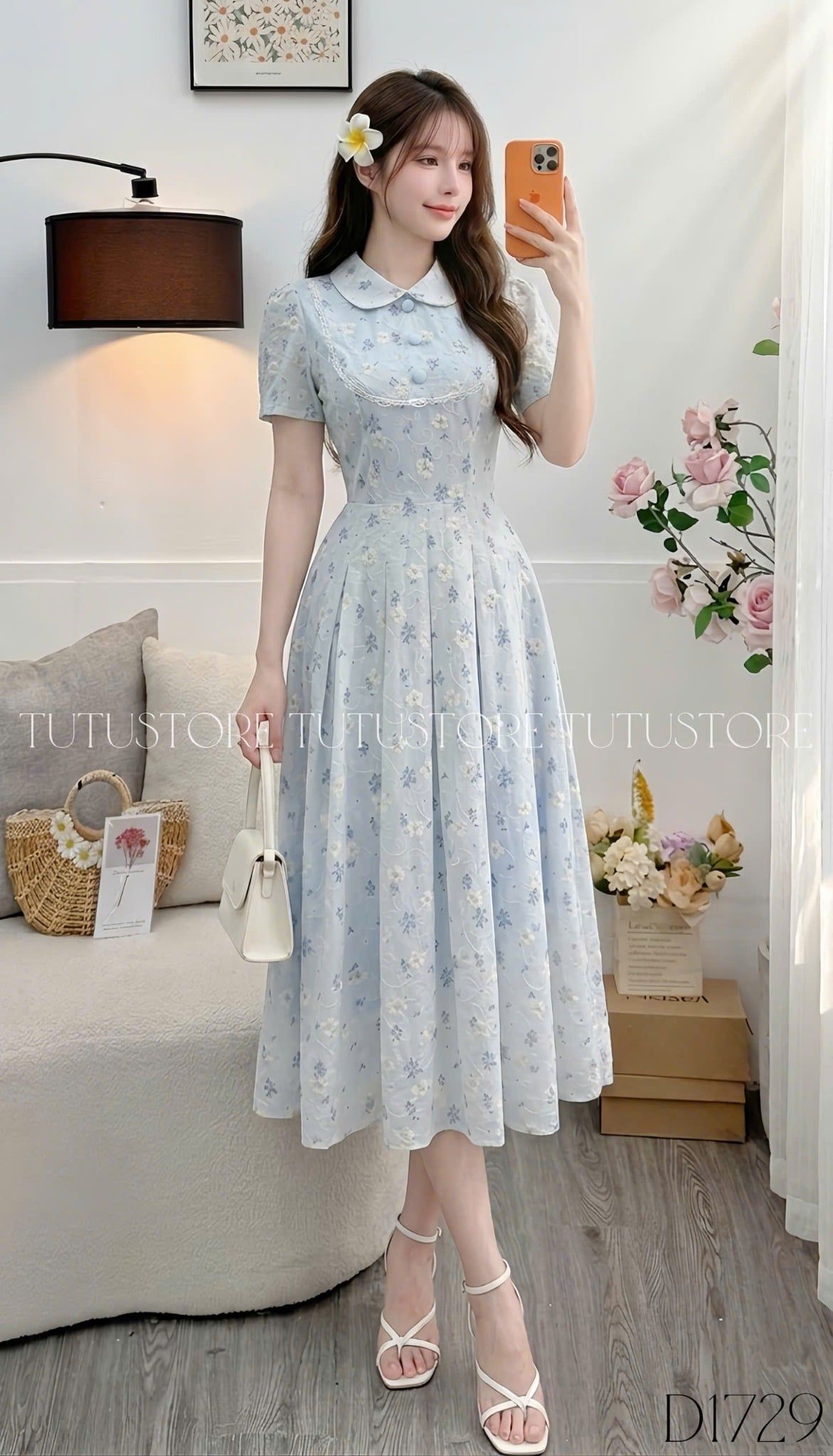 Đầm Thiết Kế Cổ Tròn Kiểu Sơ Mi Dáng Xòe Nữ Tính TuTu Store Mã D1729