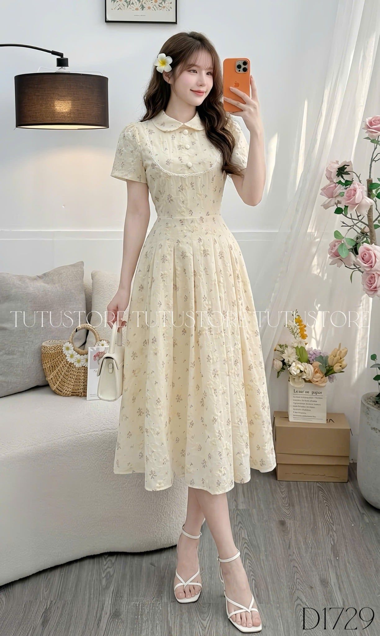 Đầm Thiết Kế Cổ Tròn Kiểu Sơ Mi Dáng Xòe Nữ Tính TuTu Store Mã D1729