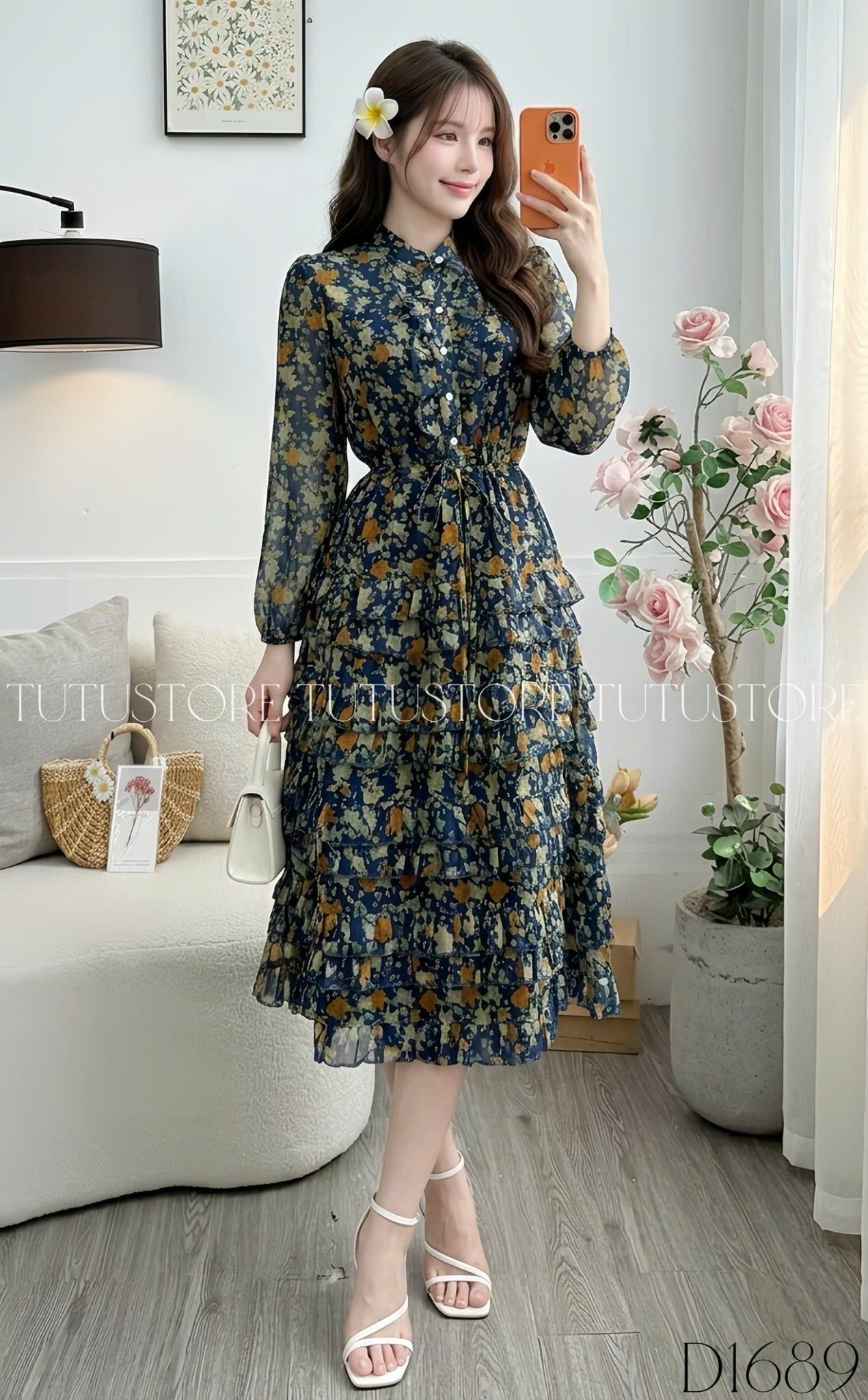 Đầm Voan Thiết Kế Cổ Sơ Mi Tay Dài Dáng Xòe TuTu Store Mã D1689