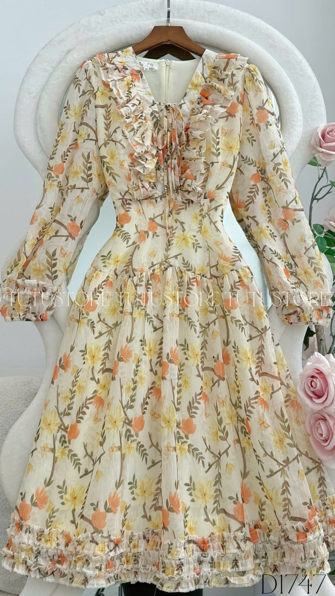Đầm Thiết Kế Cổ V Bèo Tay Dài Tiểu Thư Đi Chơi TuTu Store Mã D1747