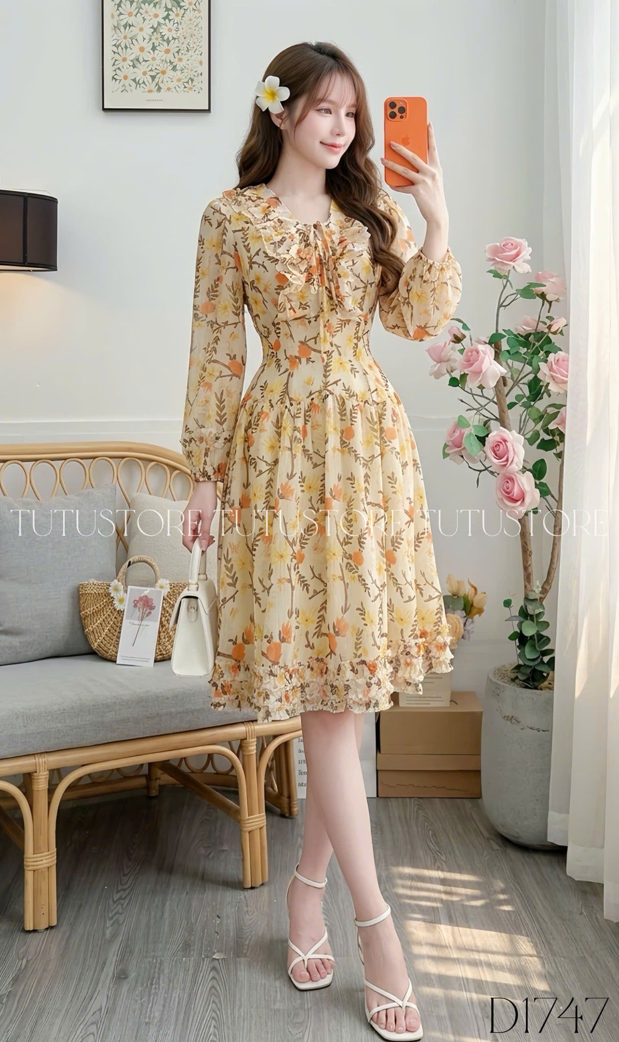 Đầm Thiết Kế Cổ V Bèo Tay Dài Tiểu Thư Đi Chơi TuTu Store Mã D1747