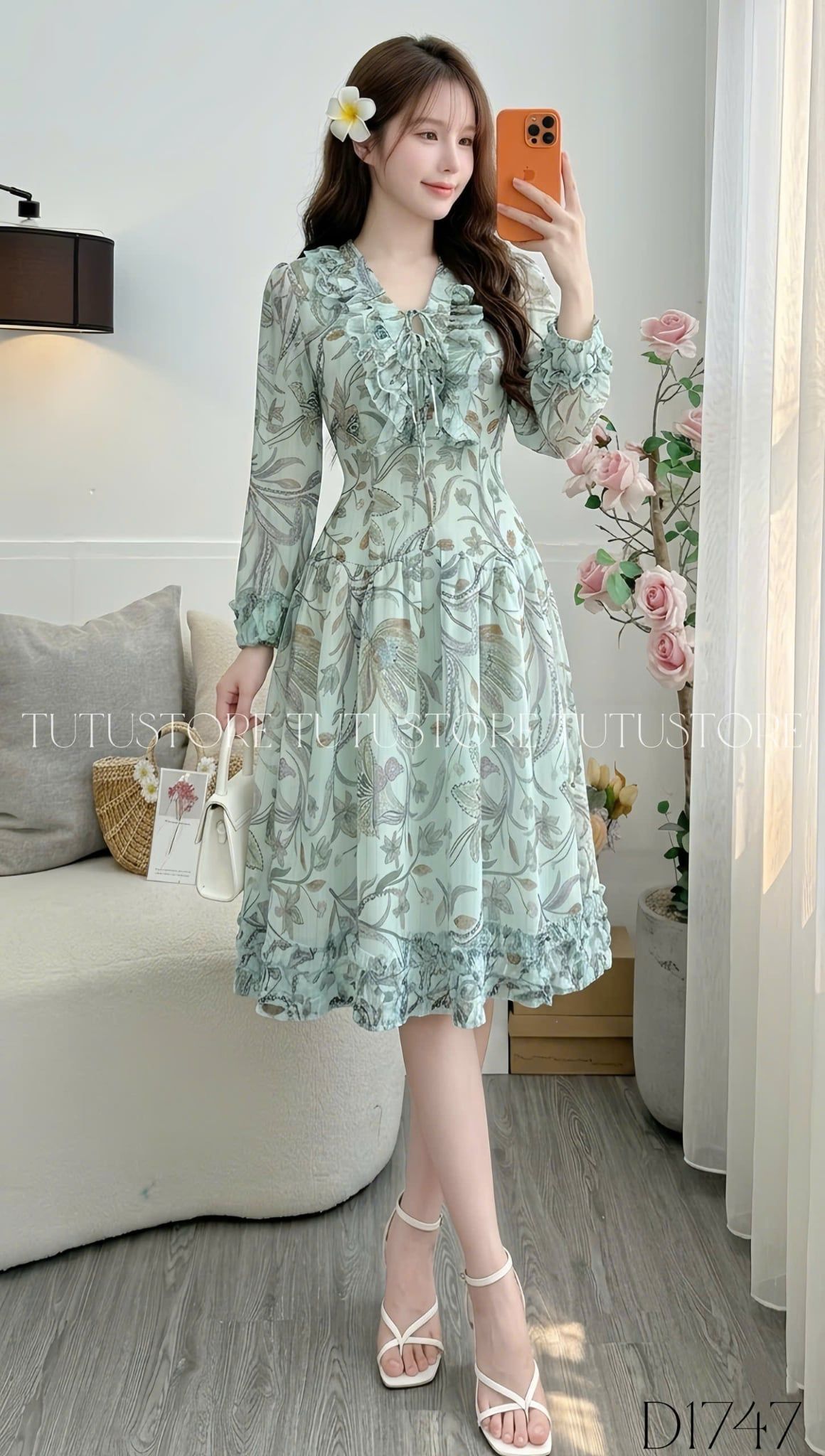 Đầm Thiết Kế Cổ V Bèo Tay Dài Tiểu Thư Đi Chơi TuTu Store Mã D1747