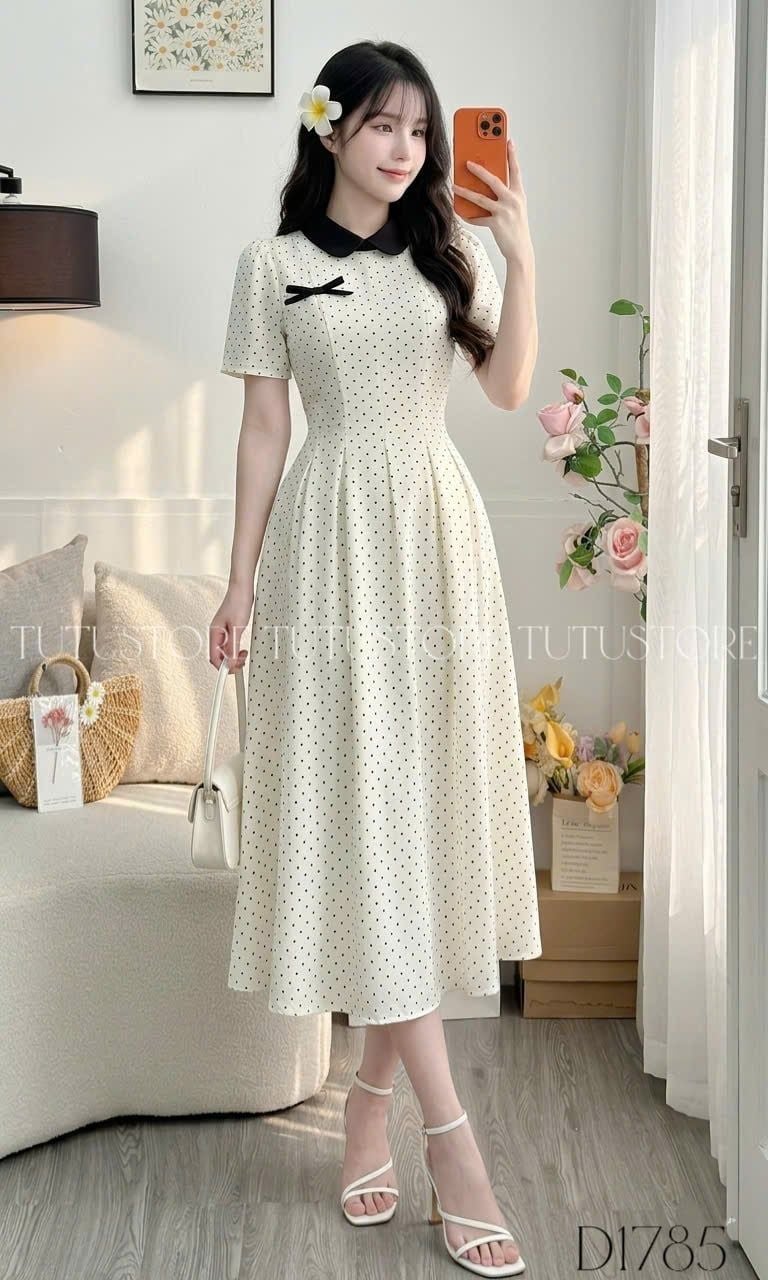 Đầm Thiết Kế Cổ Tròn Chấm Bi Dáng Xòe Dài Đi Tiệc TuTu Store Mã D1785