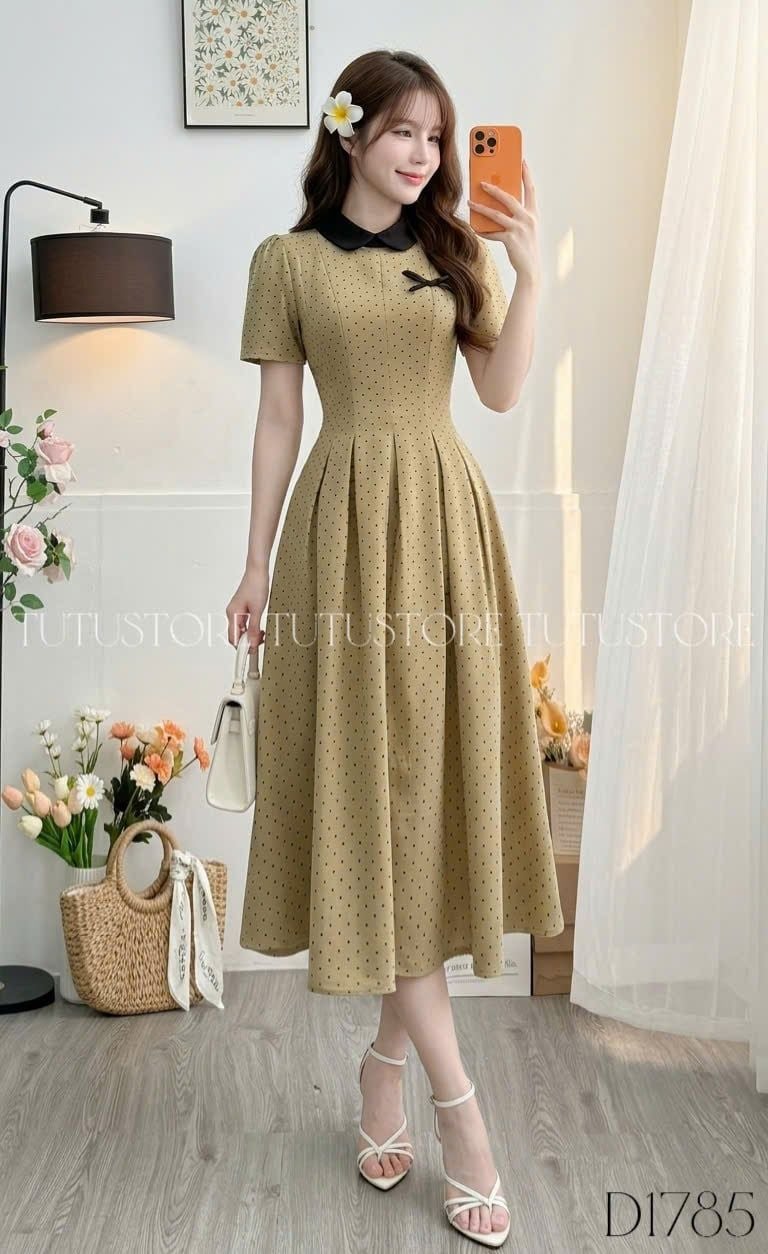 Đầm Thiết Kế Cổ Tròn Chấm Bi Dáng Xòe Dài Đi Tiệc TuTu Store Mã D1785