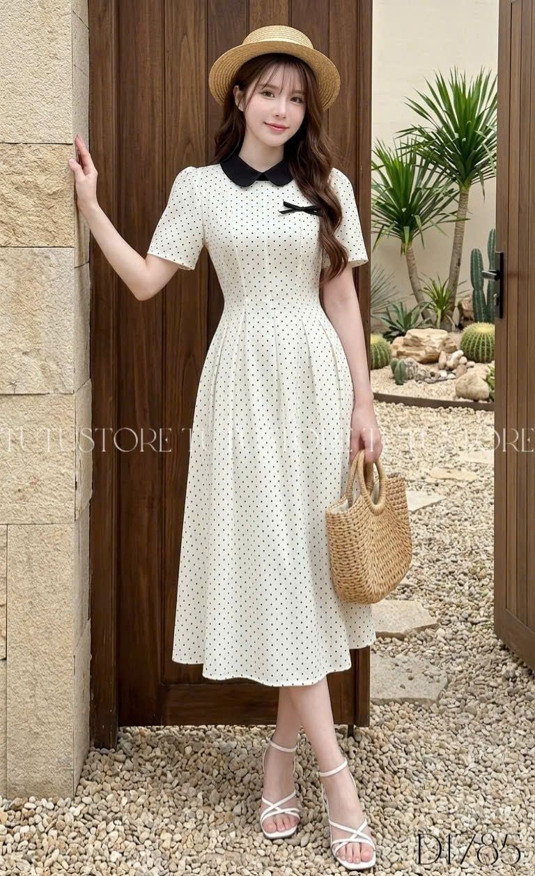 Đầm Thiết Kế Cổ Tròn Chấm Bi Dáng Xòe Dài Đi Tiệc TuTu Store Mã D1785