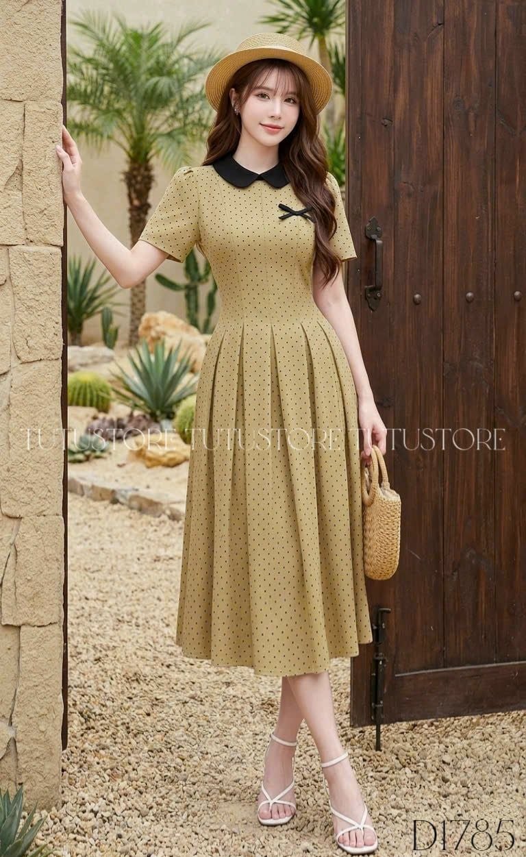 Đầm Thiết Kế Cổ Tròn Chấm Bi Dáng Xòe Dài Đi Tiệc TuTu Store Mã D1785